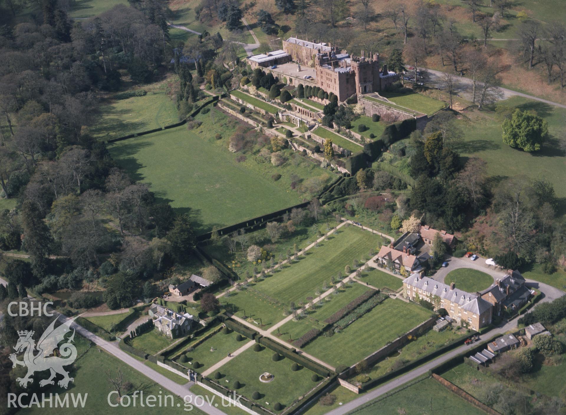 RCAHMW colour oblique aerial photograph of Powys Castle taken by C R Musson, 1990