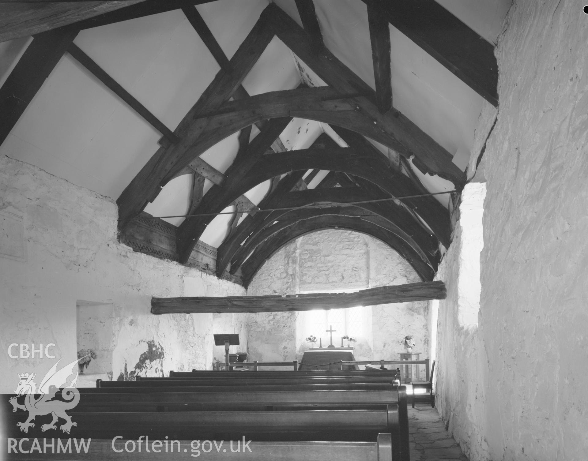 Black and white acetate negative showing interior view of Llandanwg Church.