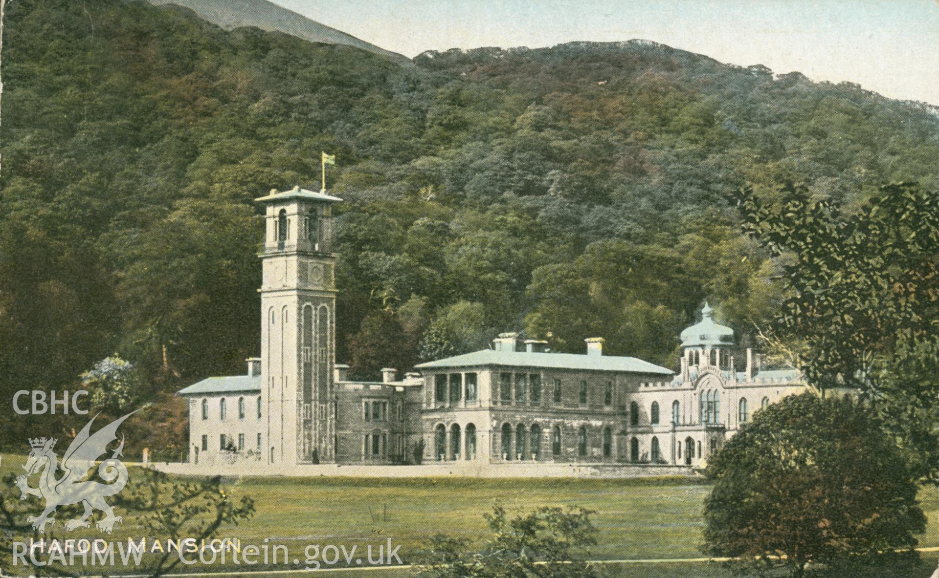 A black and white print of a colour postcard showing Hafod Mansion, Pontrhydygroes.
