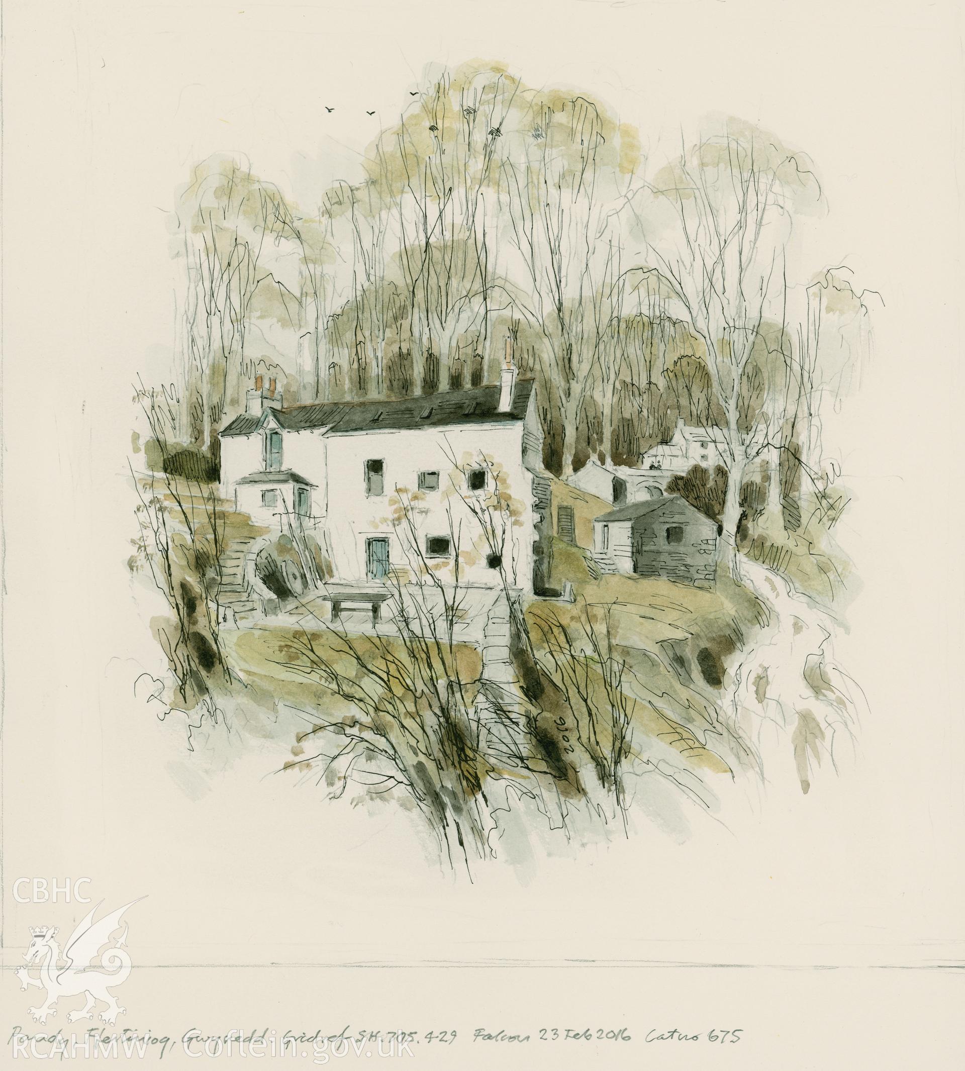 Pandy Corn Mill, Ffestiniog; watercolour illustration.