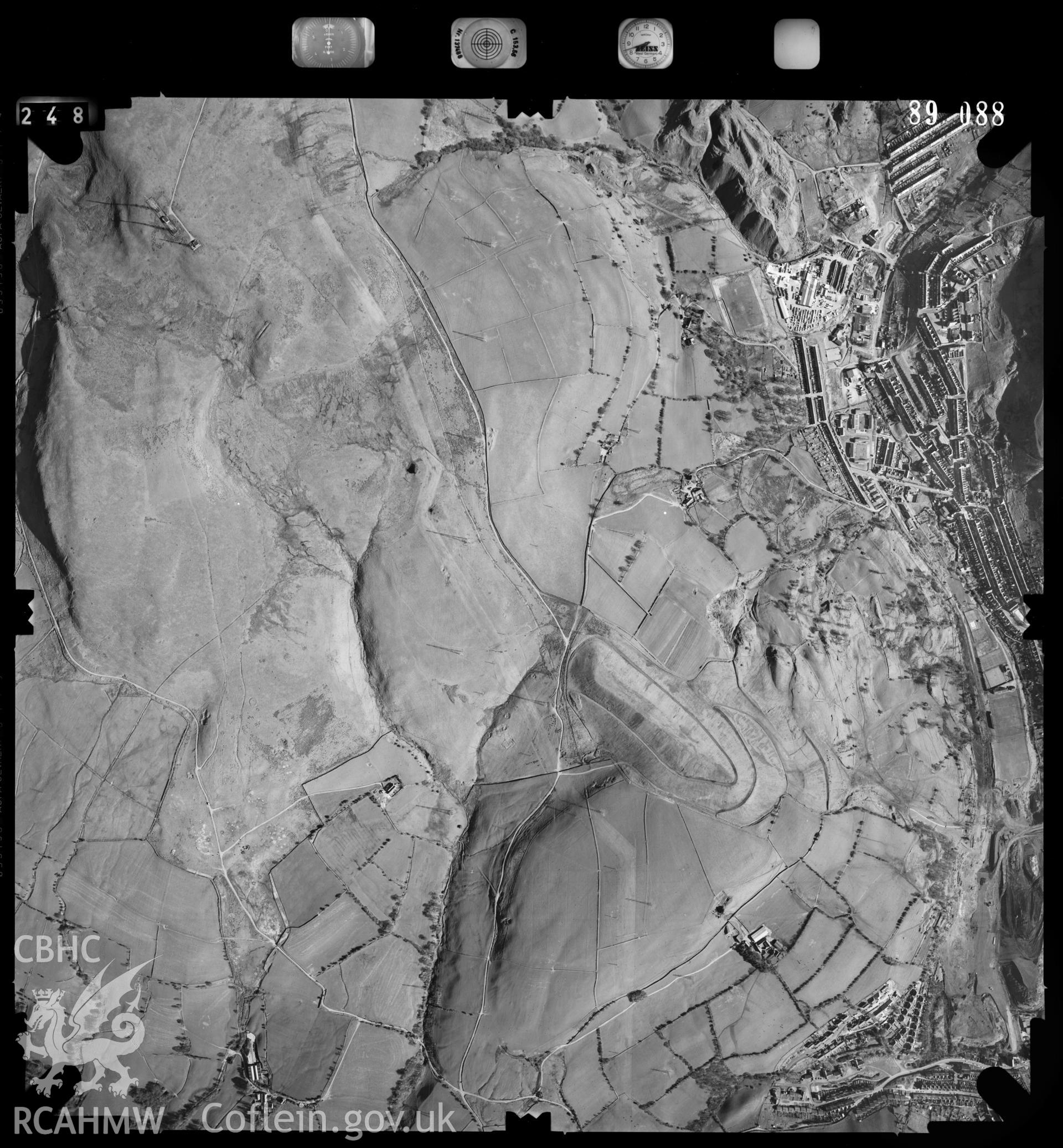 Digitized copy of an aerial photograph showing Pontypridd area (centred on NGR 309984 189766),  taken by Ordnance Survey, 1989.