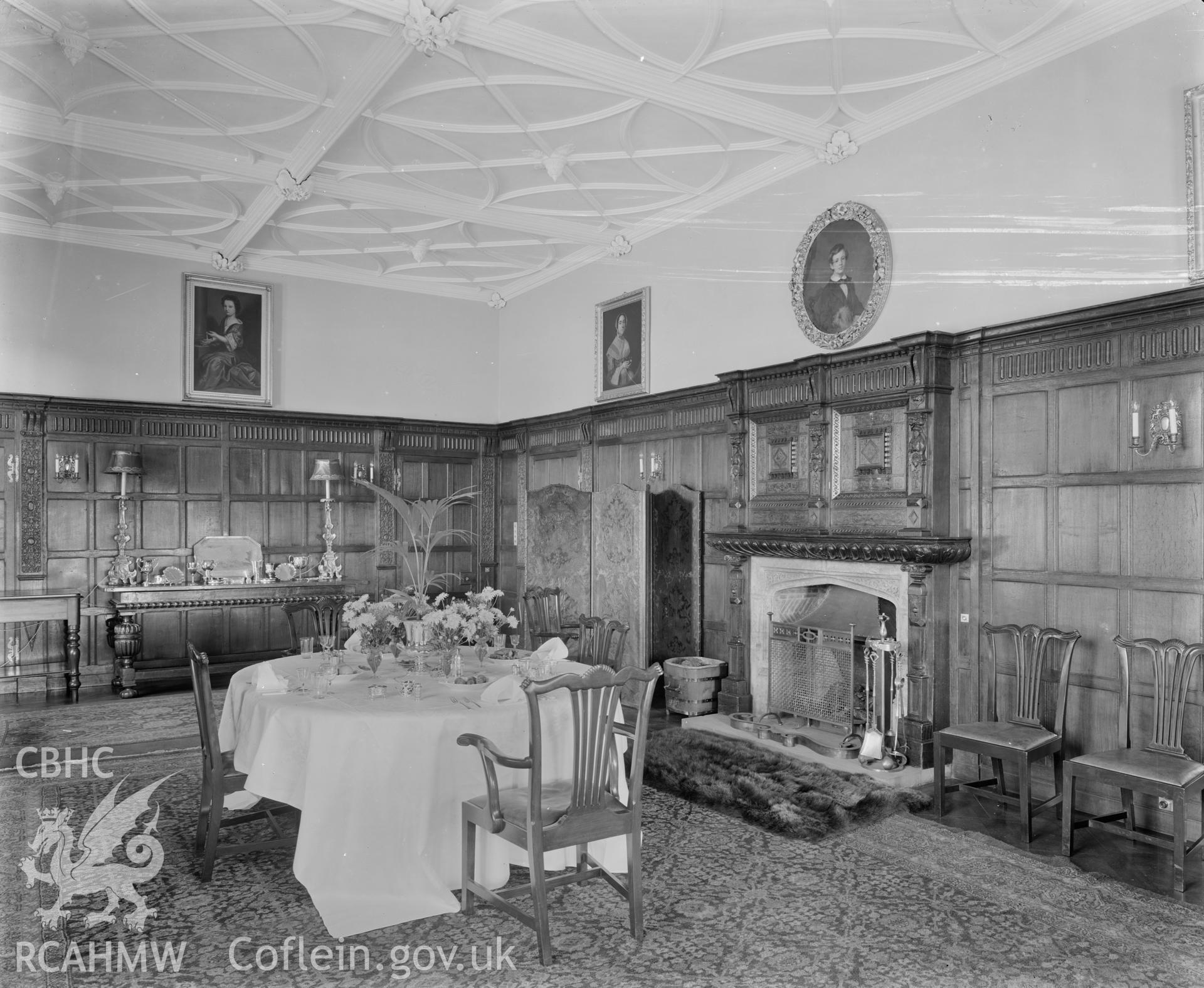 Outsize glass plate negative showing interior view of Coomb House.