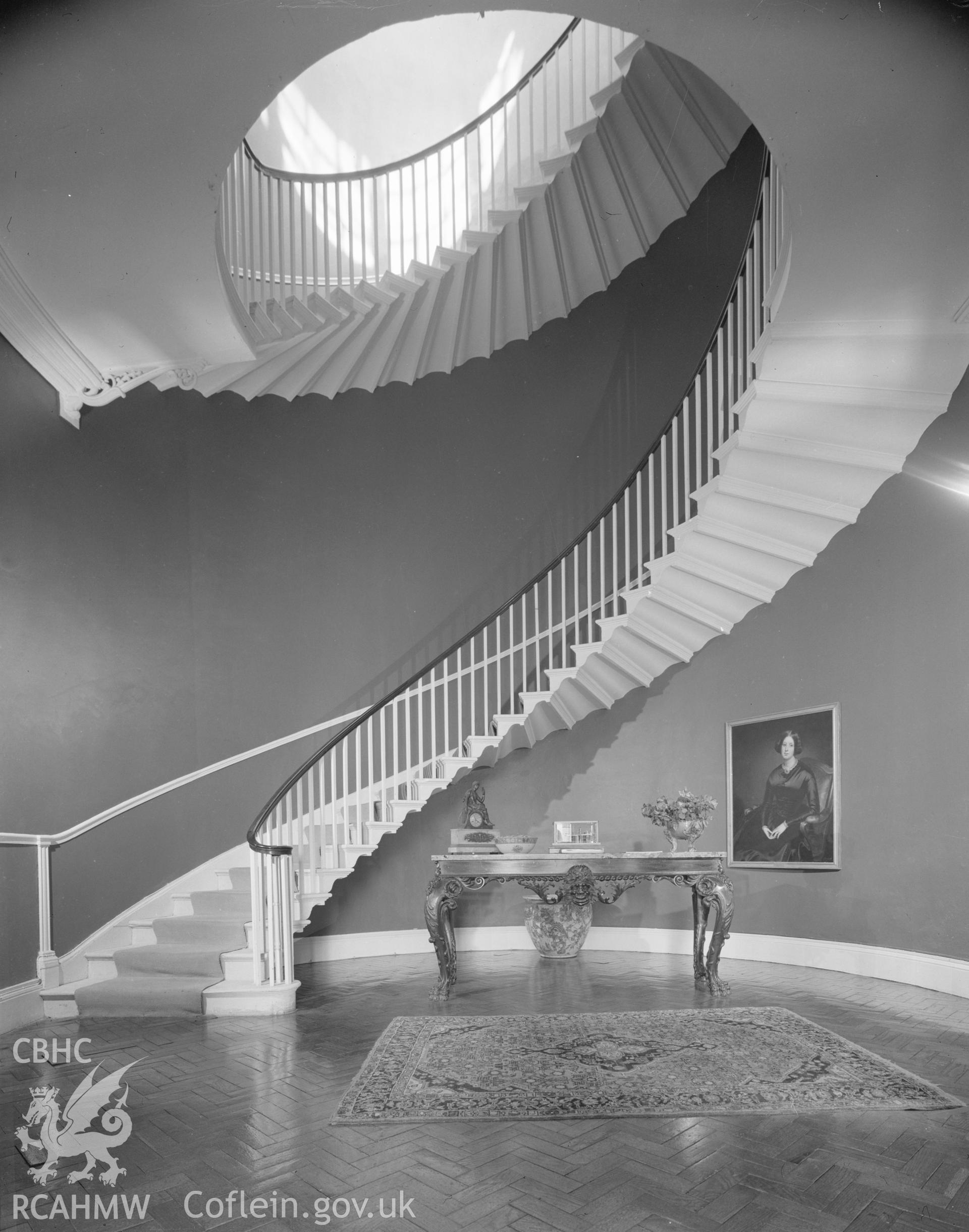 Black and white acetate negative showing staircase at Llanharan House.