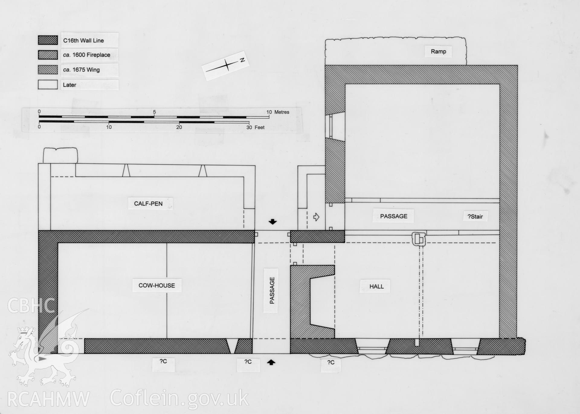 Provisional measured plan of Llwyn-rhys, produced by RCAHMW, c.2016.