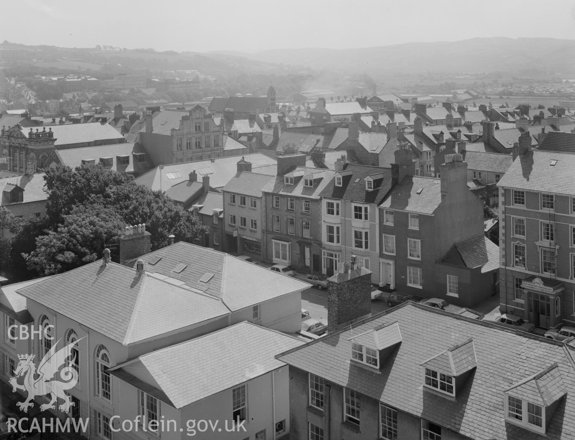 Black and white acetate negative showing view of Aberystwyth from an elevated position.