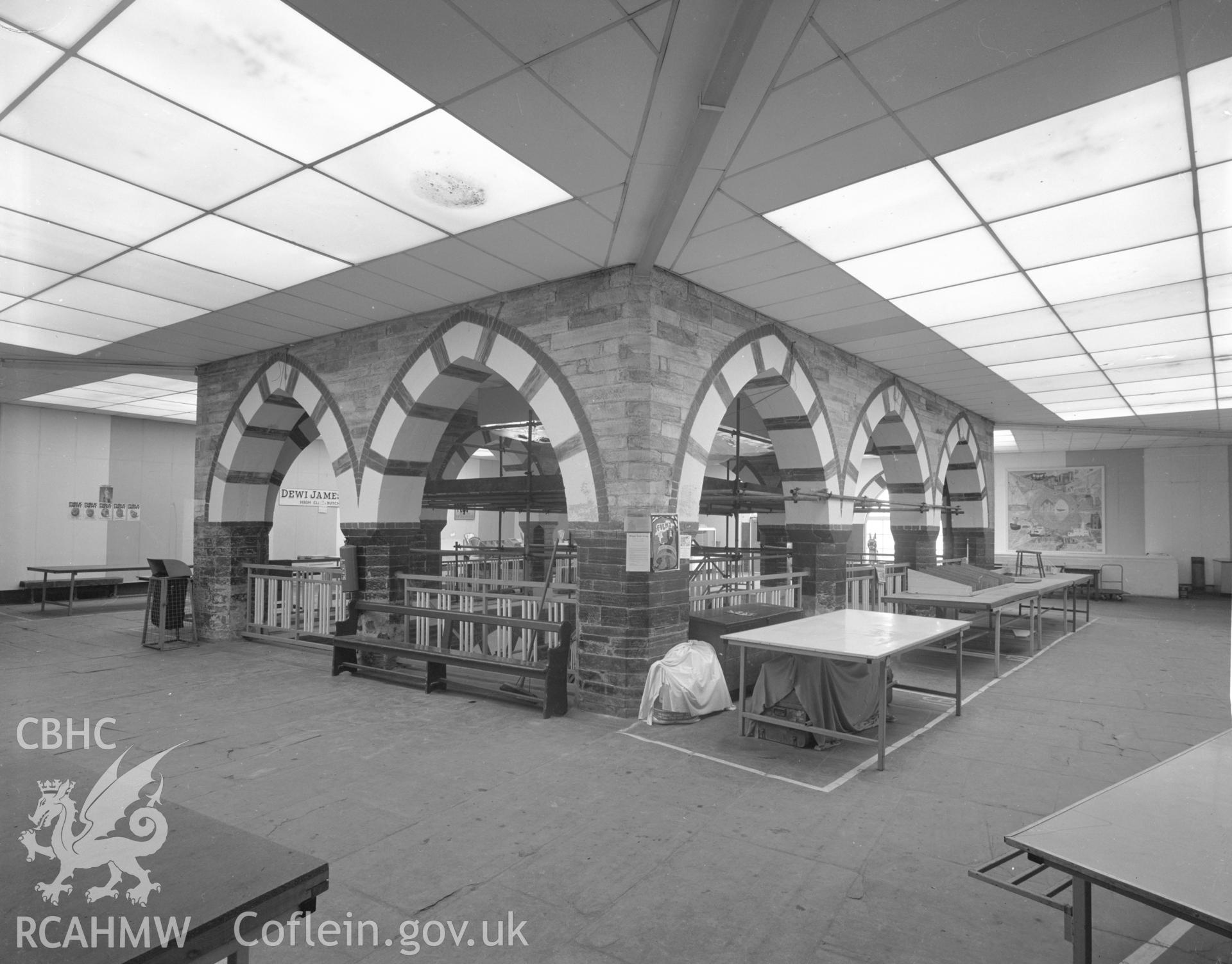 Black and white acetate negative showing an interior view of the Market Hall in Cardigan.