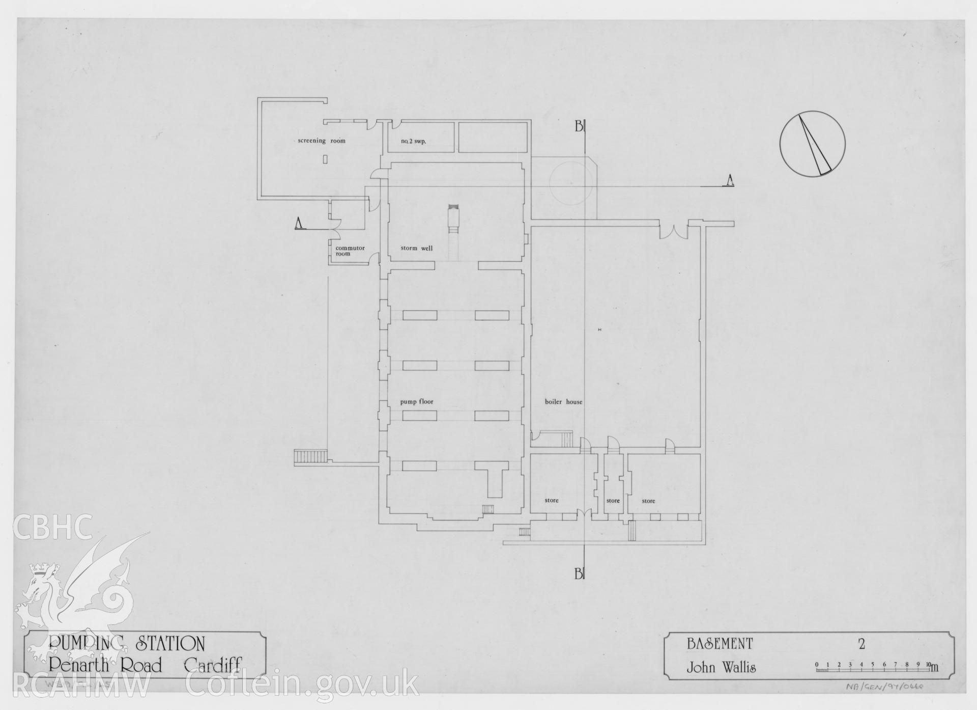 Measured drawing showing basement plan of Pumping Station, Penarth Road, Cardiff, produced by John Wallis, 1972-1973.