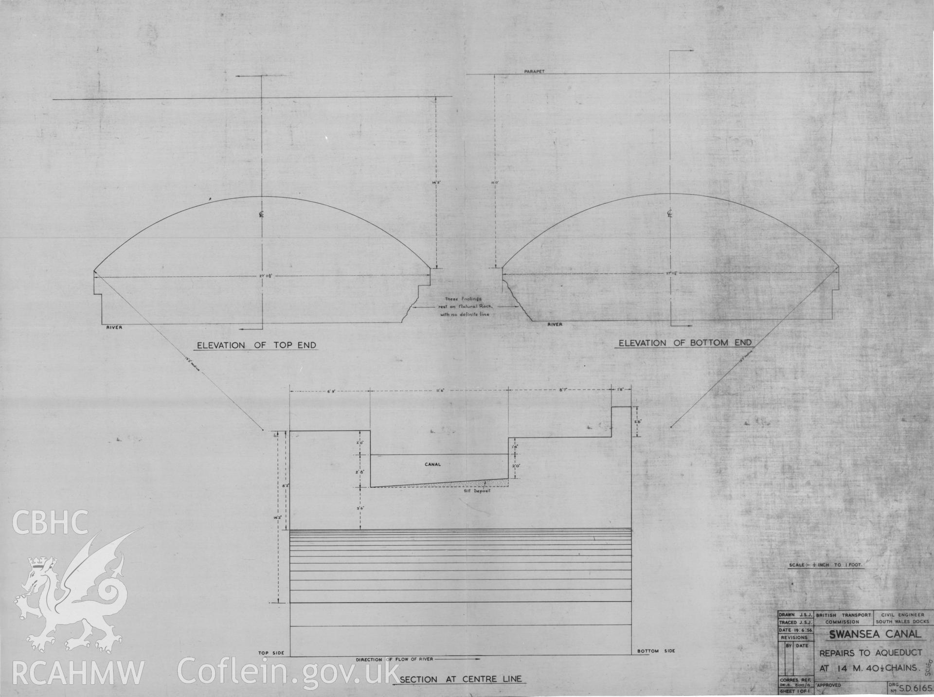 Dyeline copy  of measured drawings of the Afon Giedd Aqueduct, comprising section and elevation views, produced by British Transport Commission