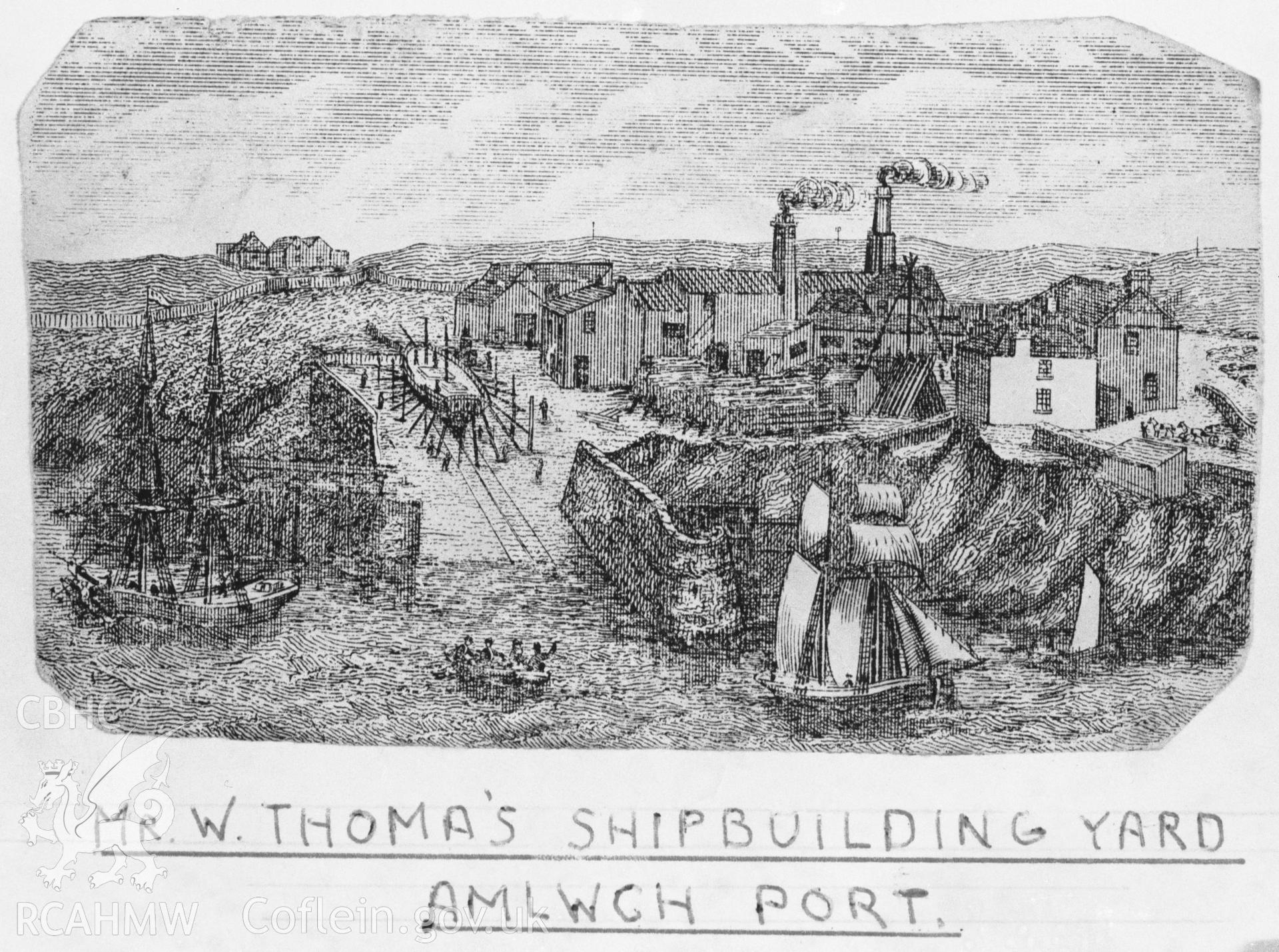 Black and white acetate negative showing an engraving labelled "Mr W. Thomas' shipbuiding yard Amlwch Port".