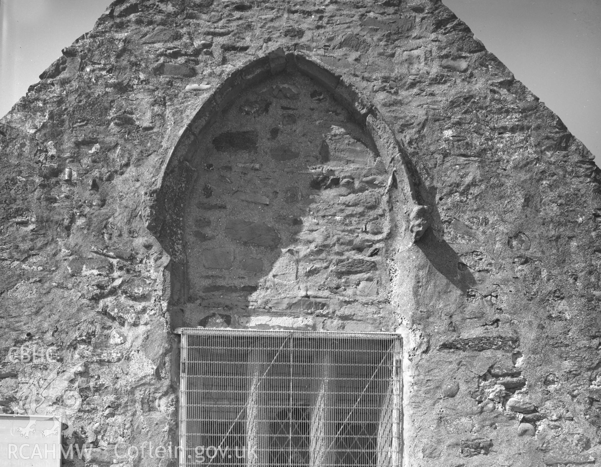 Black and white acetate negative showing detail at Llandanwg Church.