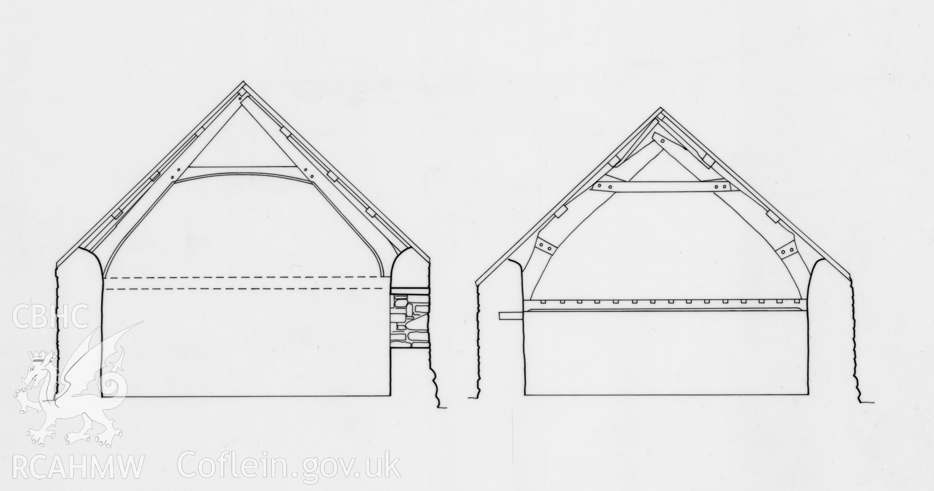 Provisional measured section views of Cefn-gwyn, produced by RCAHMW, c.2016.