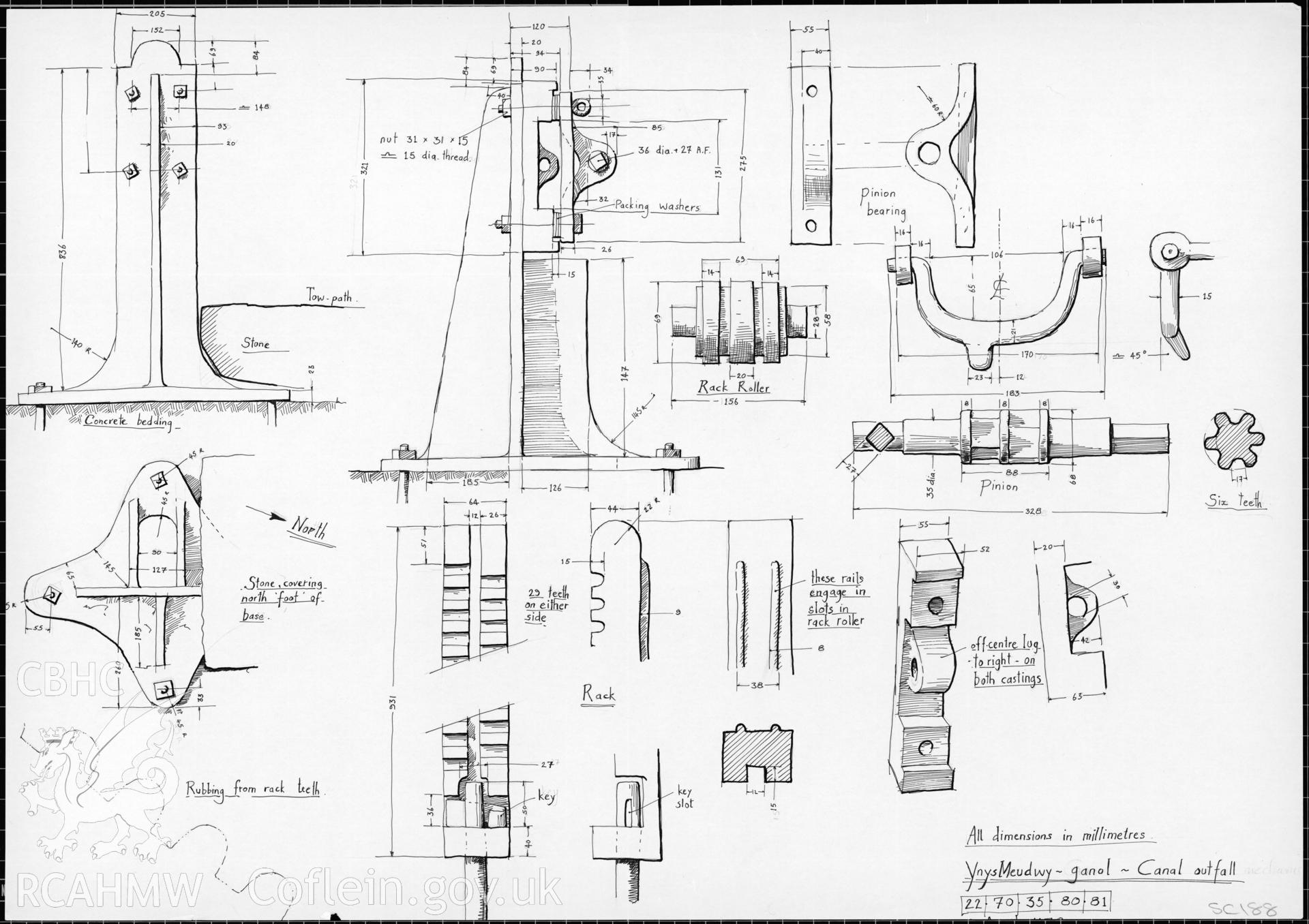 Detail drawings of the Ynys-meudwy-ganol canal outfall, produced by J.D. Goodband.