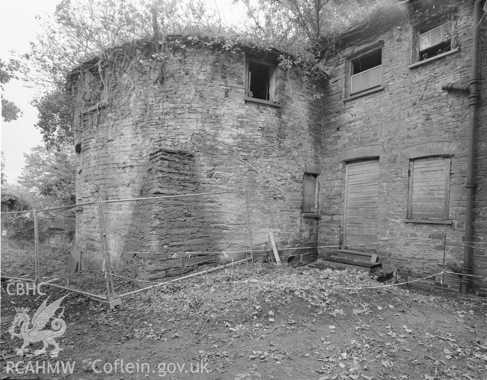Exterior, castle tower, junction with house, N elevation
