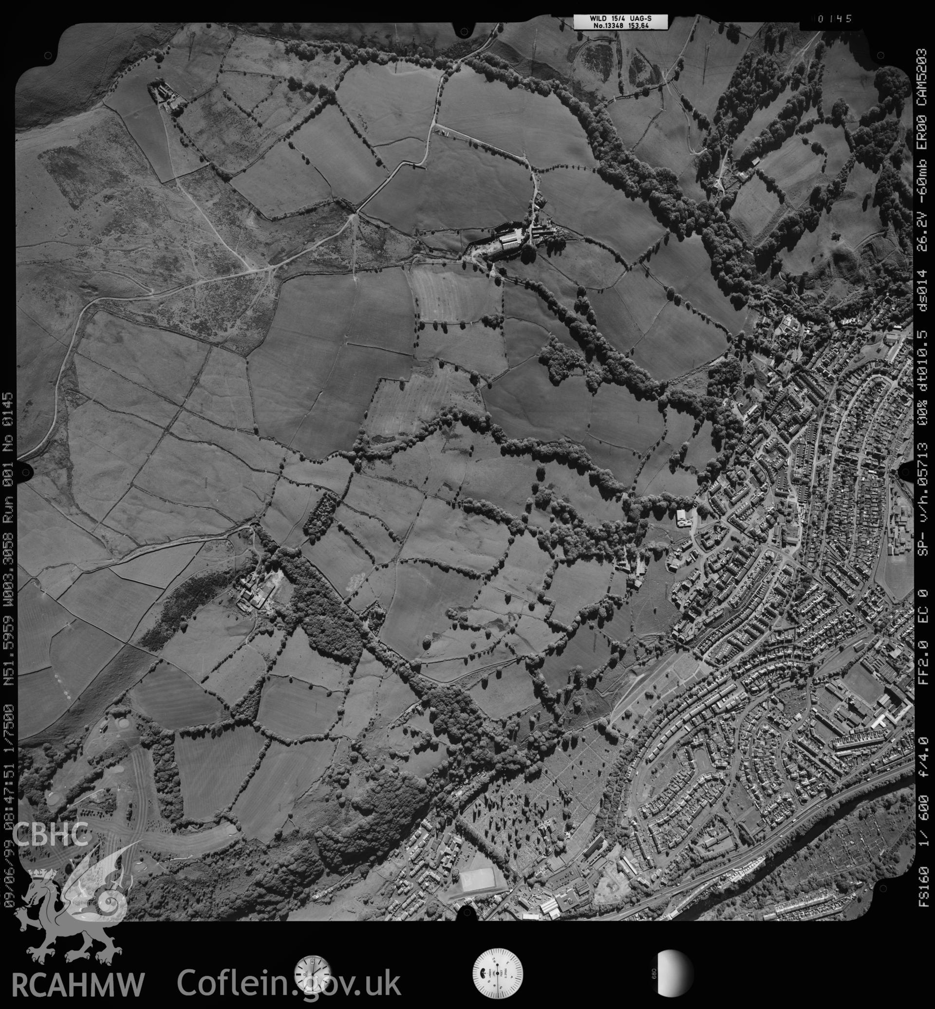 Digitized copy of an aerial photograph showing the Pontypridd area (centred on NGR  309984 189766), taken by Ordnance Survey,  1999.