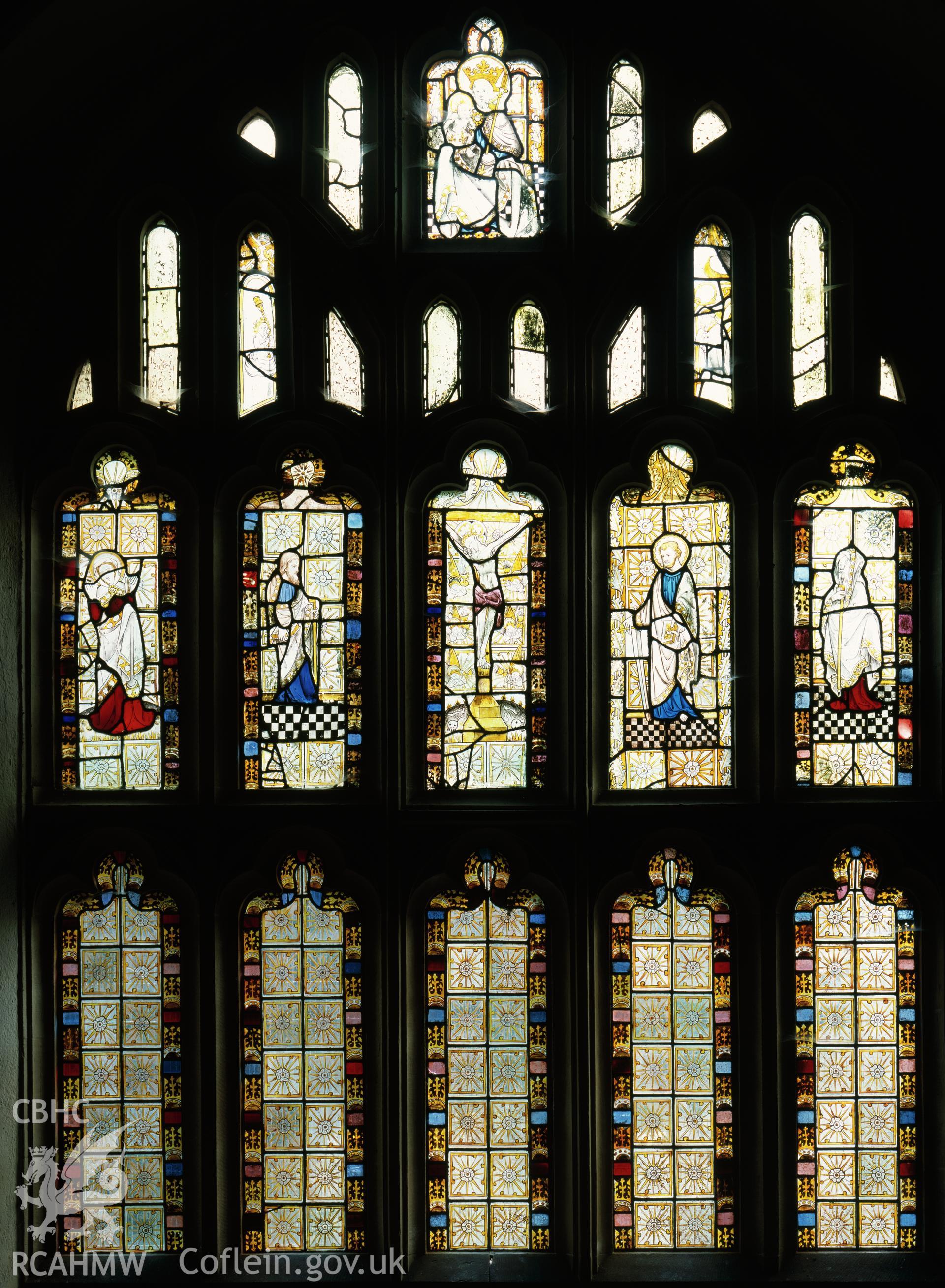 RCAHMW colour transparency of a stained glass window in Llanwrin Church.