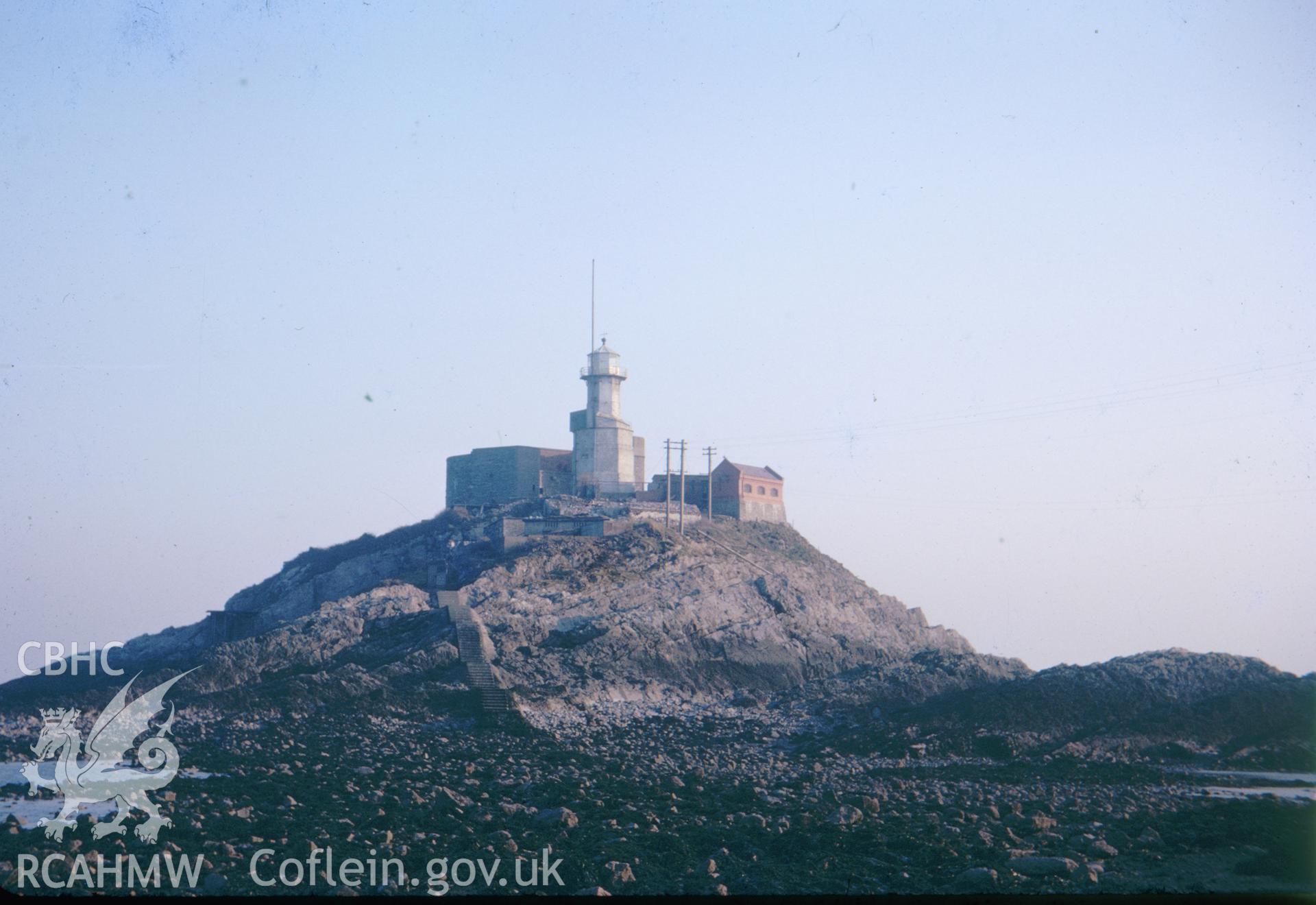 Colour slide showing distant view of Mumbles Lighthouse.