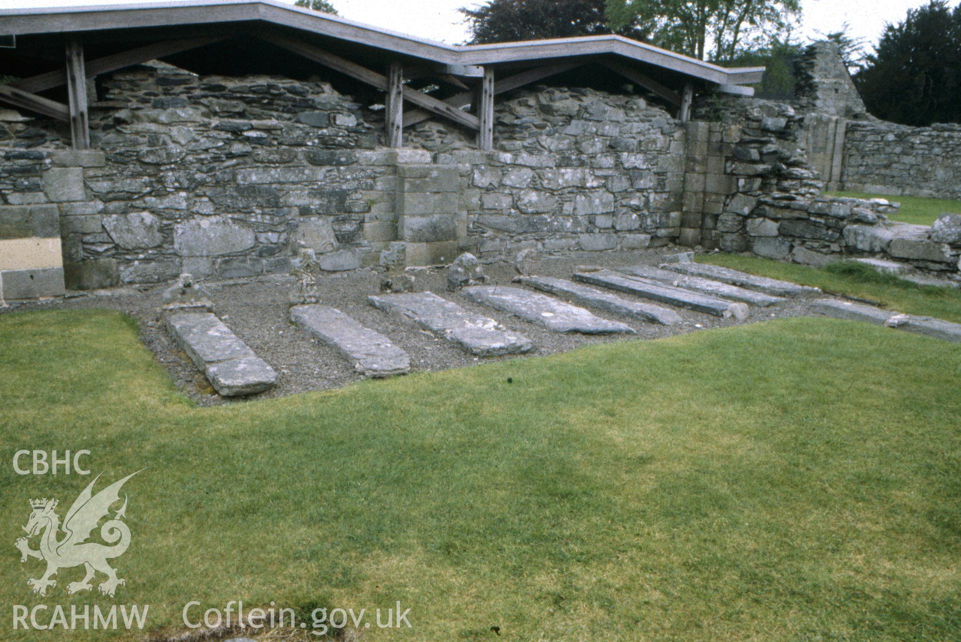 Colour slide showing memorial stones in the churchyard at St Mary's Church.