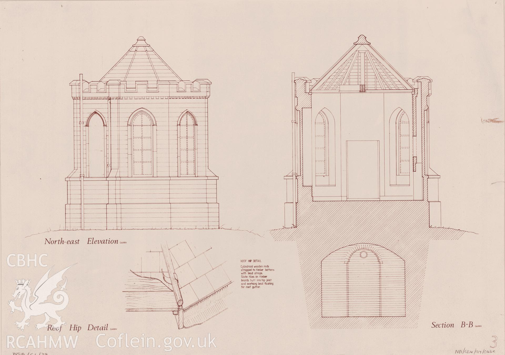 Measured drawing showing north east elevation, section view and detail of the summerhouse in the grounds of Rookwood Hospital, Llandaff, produced by N.G. Fraser-Pearson and A.J. Wells, 1976.