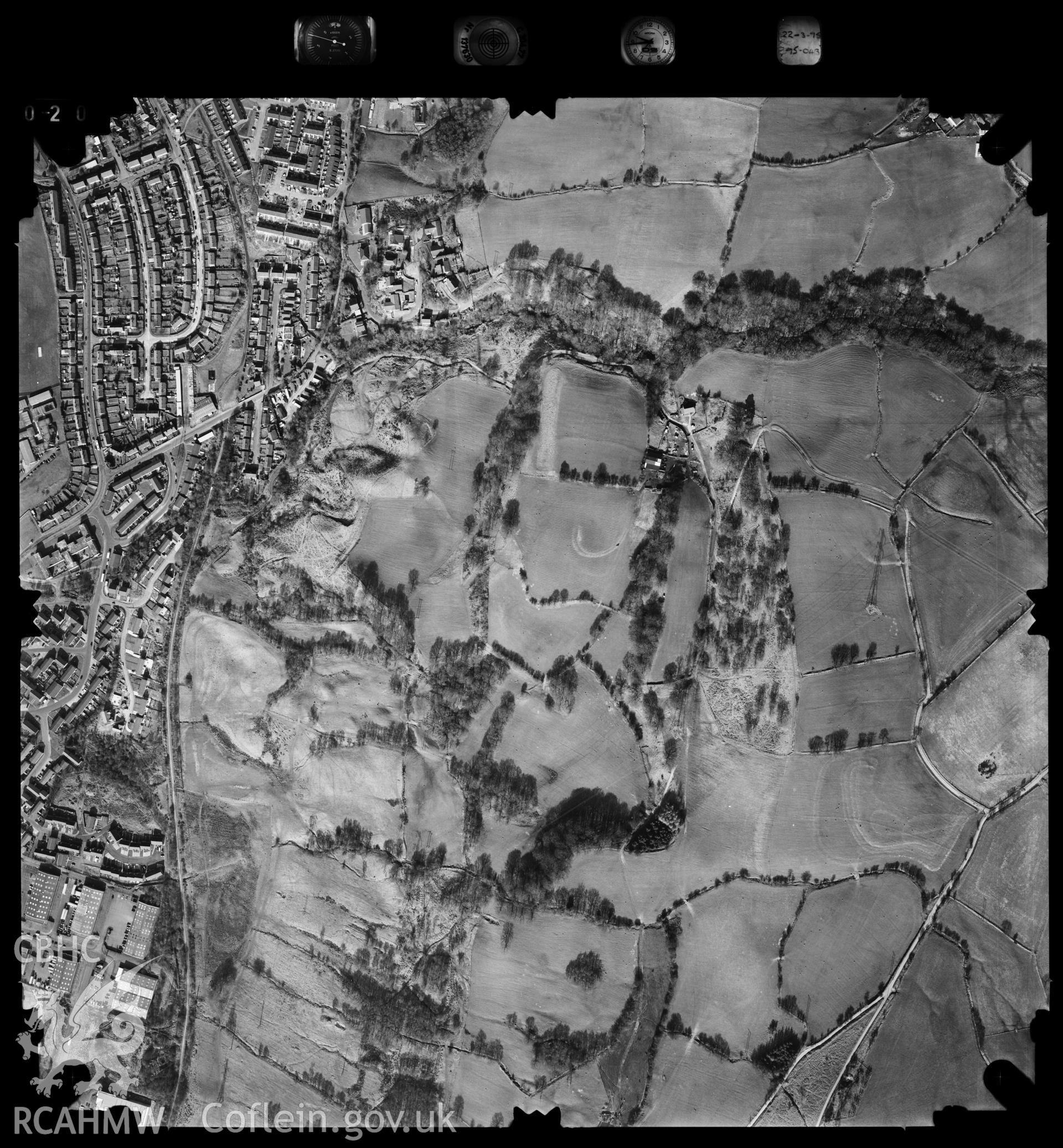 Digitized copy of an aerial photograph showing the Pontypridd area (centred on NGR 309984 189766),  taken by Ordnance Survey, 1995.
