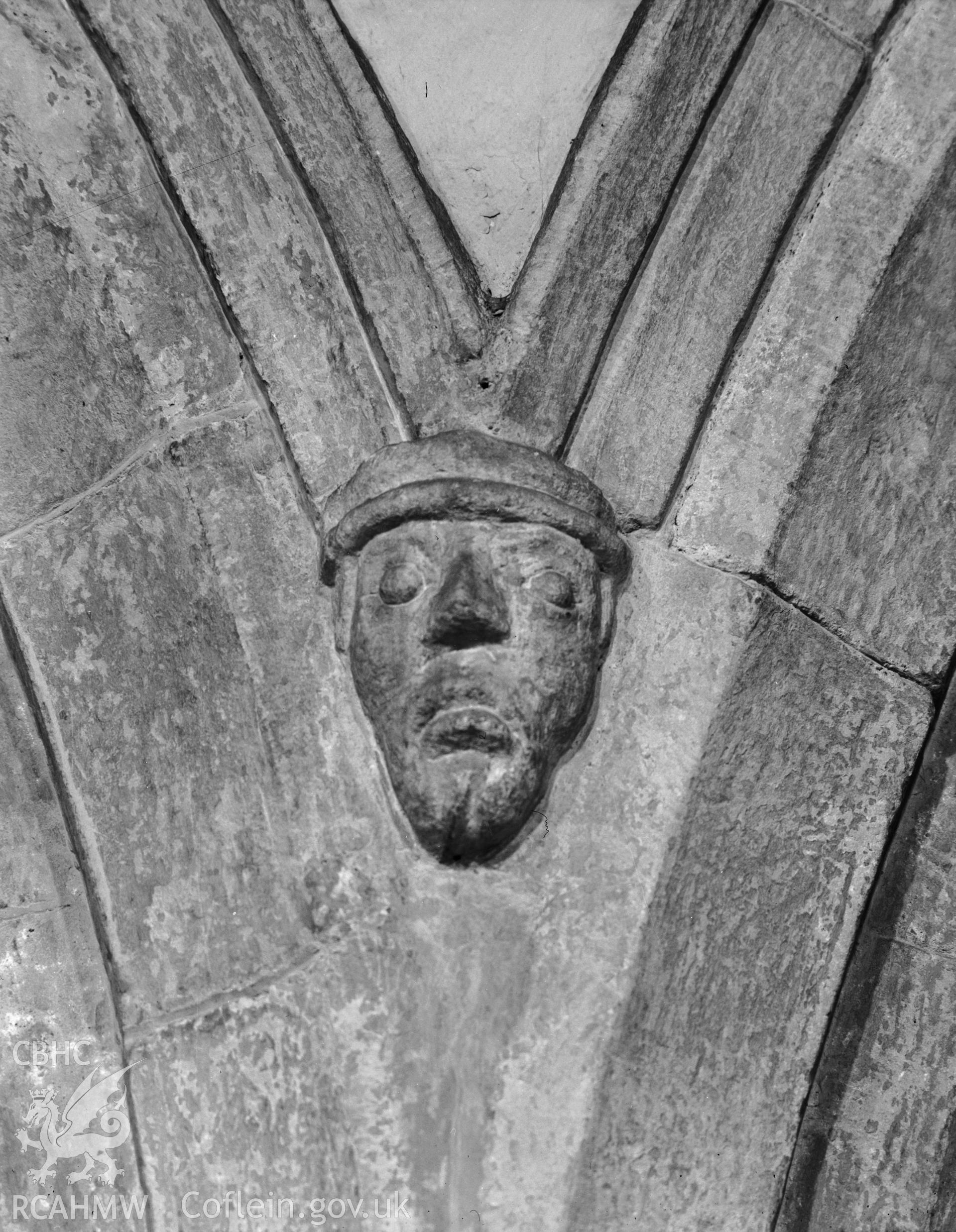 Detail of stone face on arch column at St Marys Church Conwy, taken in 10.09.1951