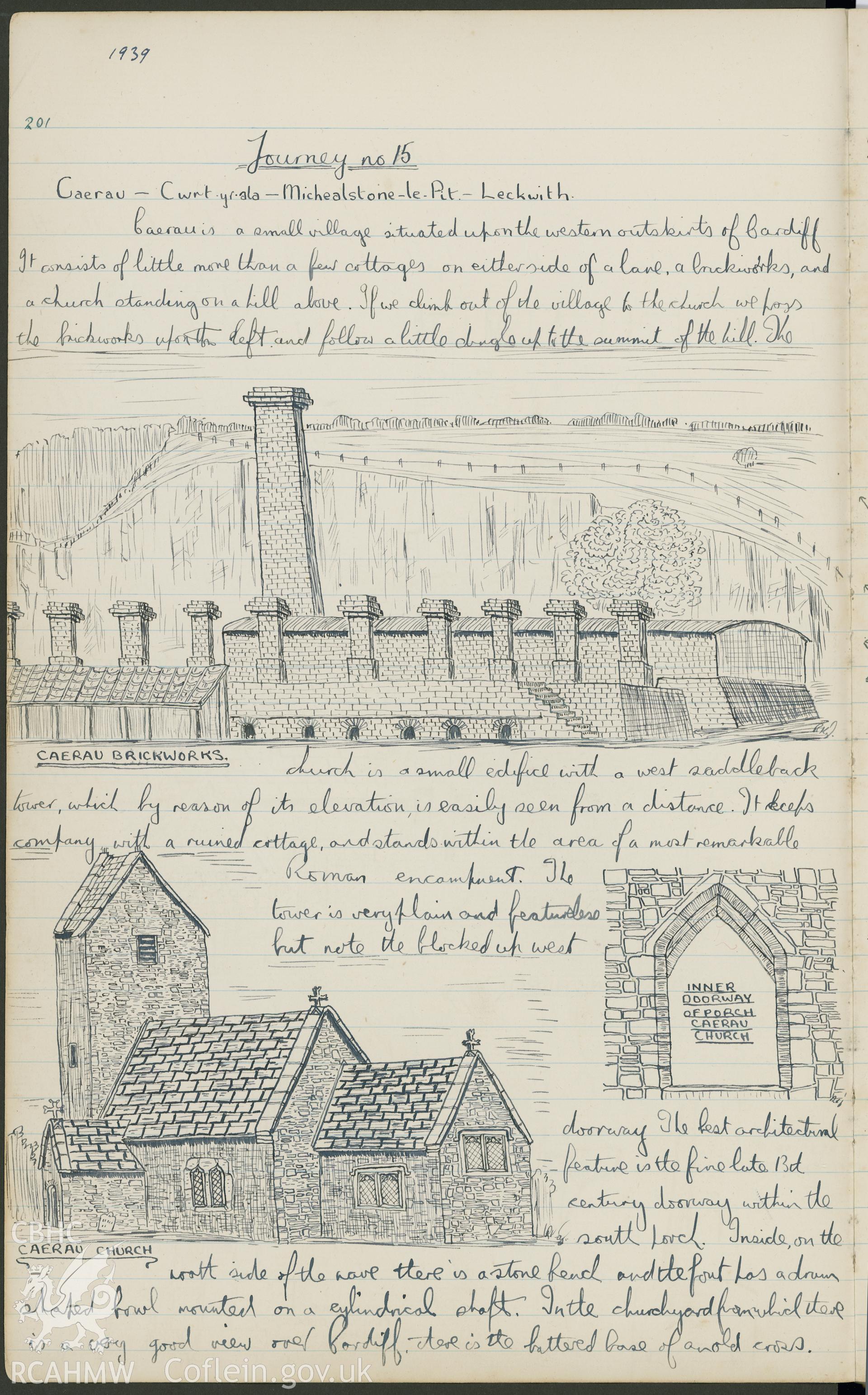 Page from a notebook featuring an illustration by R.E. Kay showing Caerau Brickworks and Caerau Church. As featured on p201 of R.E. Kay Notebook Series I, Vol II.