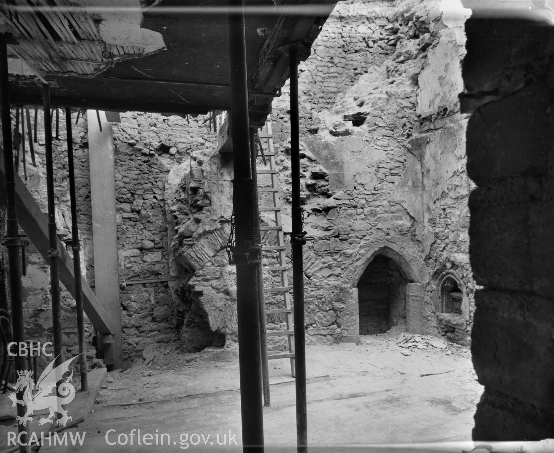 Site of St Mary's Church,  interior view showing doorway and window taken during building work in 1957.