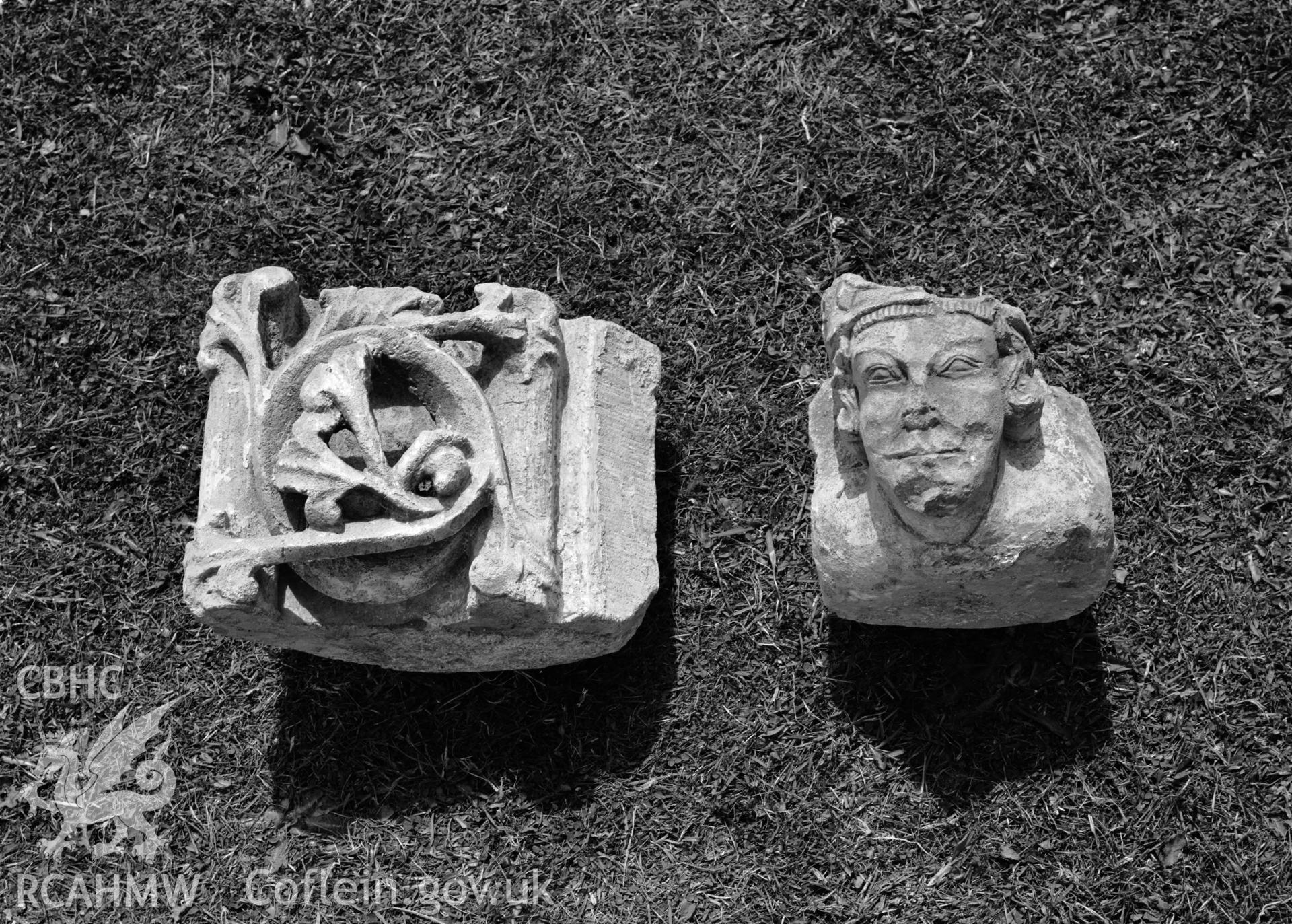 D.O.E photograph of sculpted stones at St Dogmaels Abbey.