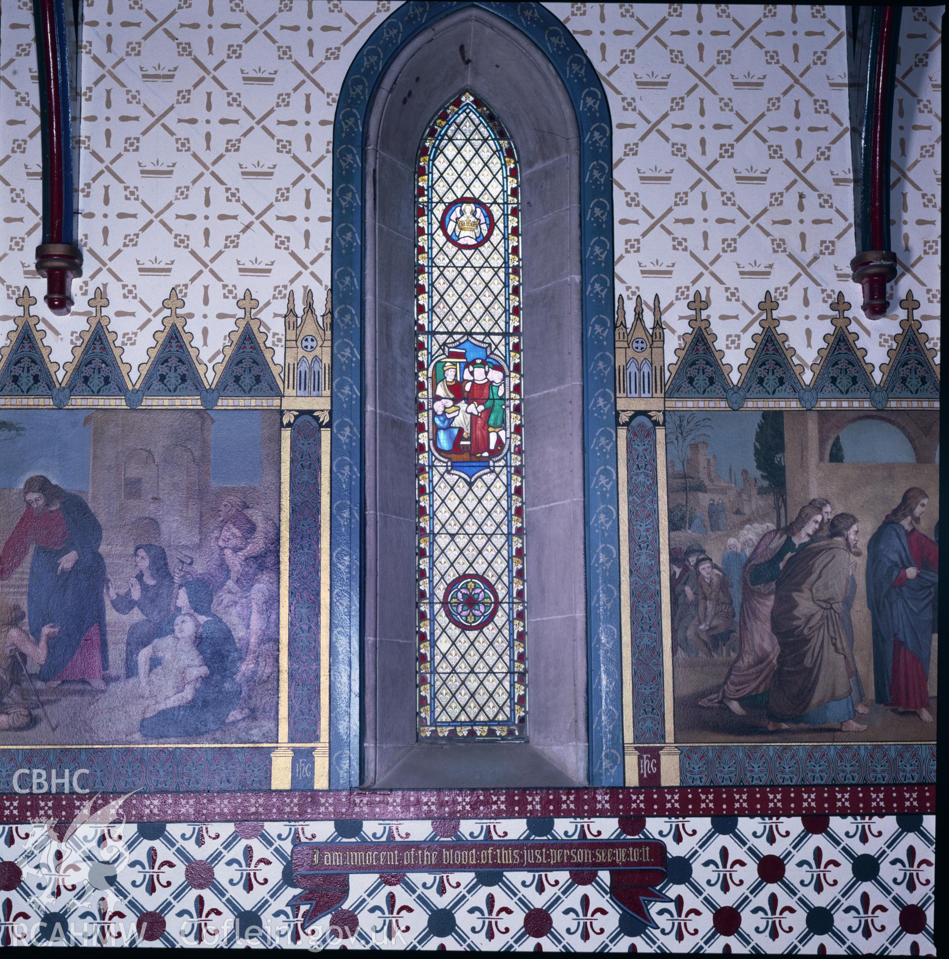 RCAHMW colour transparency showing stained glass at St John's Church, Penymynydd taken by A.J. Parkinson, 1987.