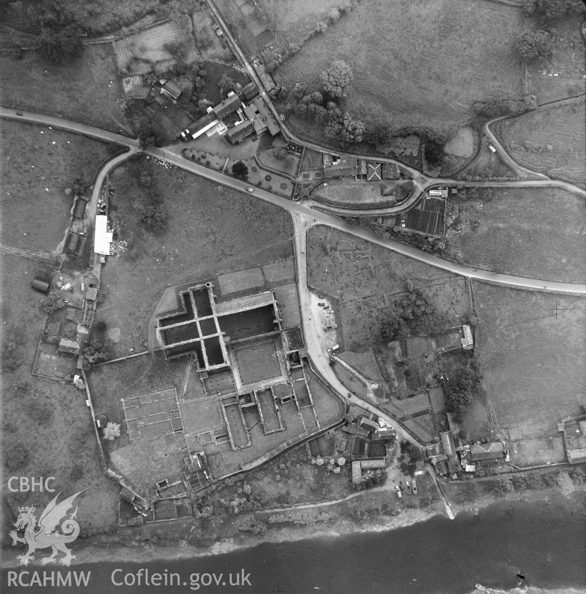 D.O.E. black and white negative of Tintern Abbey: from the air.