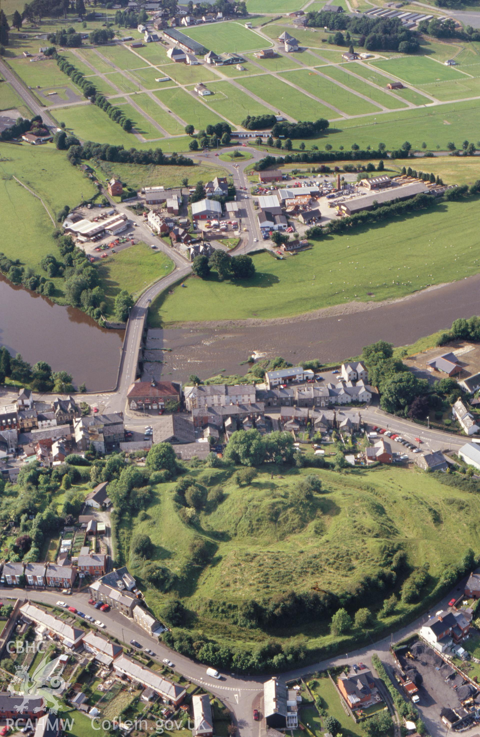 RCAHMW colour slide oblique aerial photograph of Builth Castle, taken on 19/06/1998 by Toby Driver