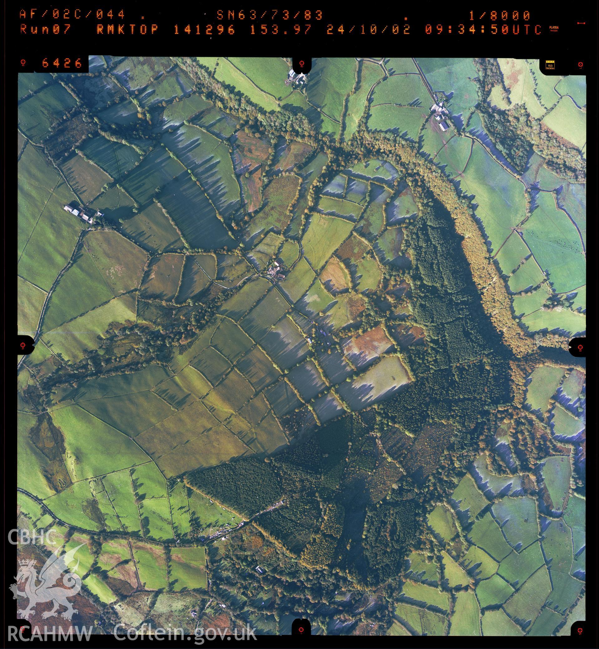 Digitized copy of a colour aerial photograph showing the Mynydd Figyn area, taken by Ordnance Survey, 2002.