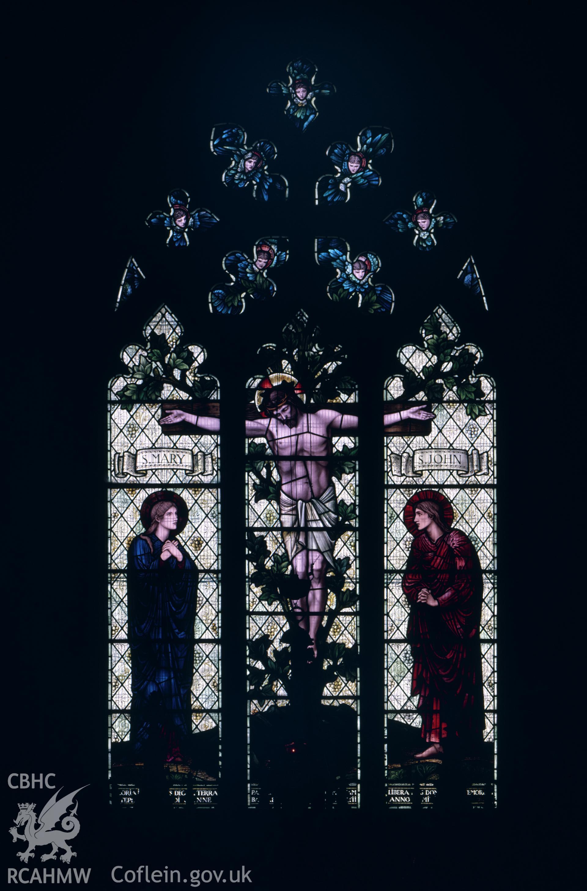 RCAHMW colour transparency of an interior view of a stained glass window depicting the nativity, designed by Edward Burne-Jones, at Hawarden Church.