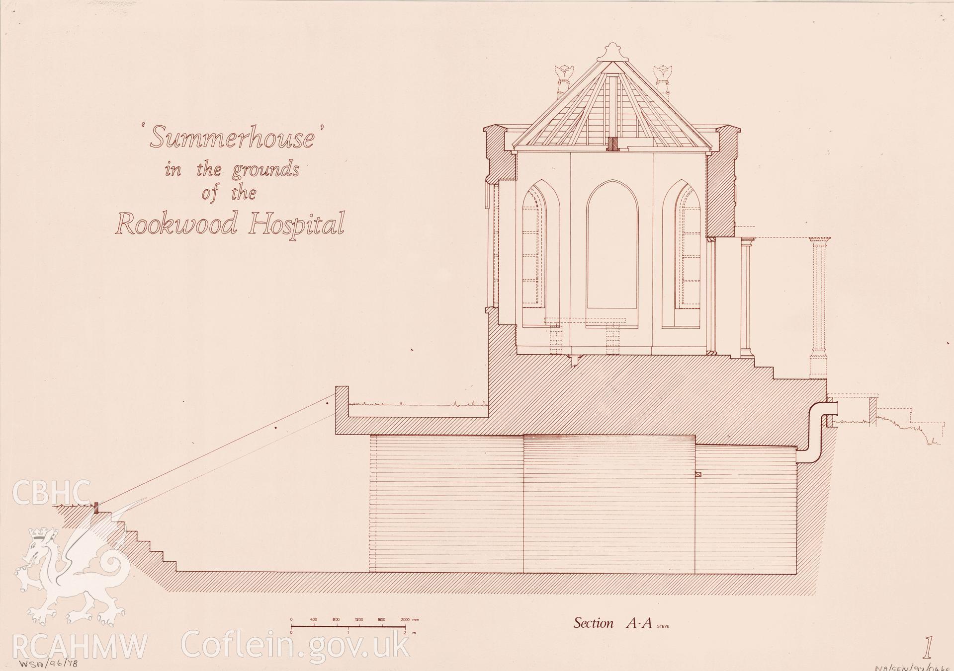 Measured drawing showing section view of the summerhouse in the grounds of Rookwood Hospital, Llandaff, produced by N.G. Fraser-Pearson and A.J. Wells, 1976.