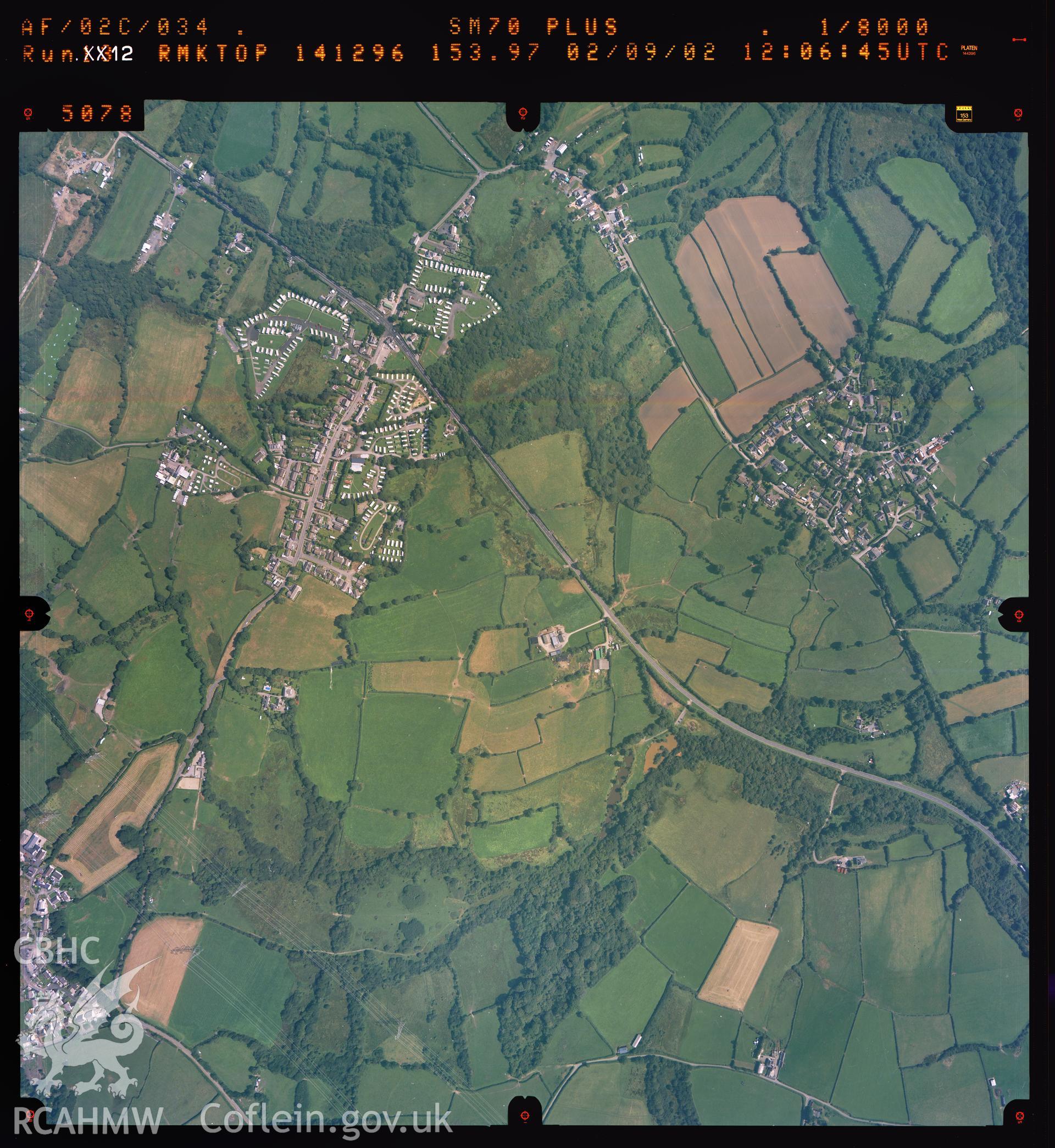 Digitized copy of a colour aerial photograph showing the Broadmoor area in Pembs taken by Ordnance Survey, 2002.