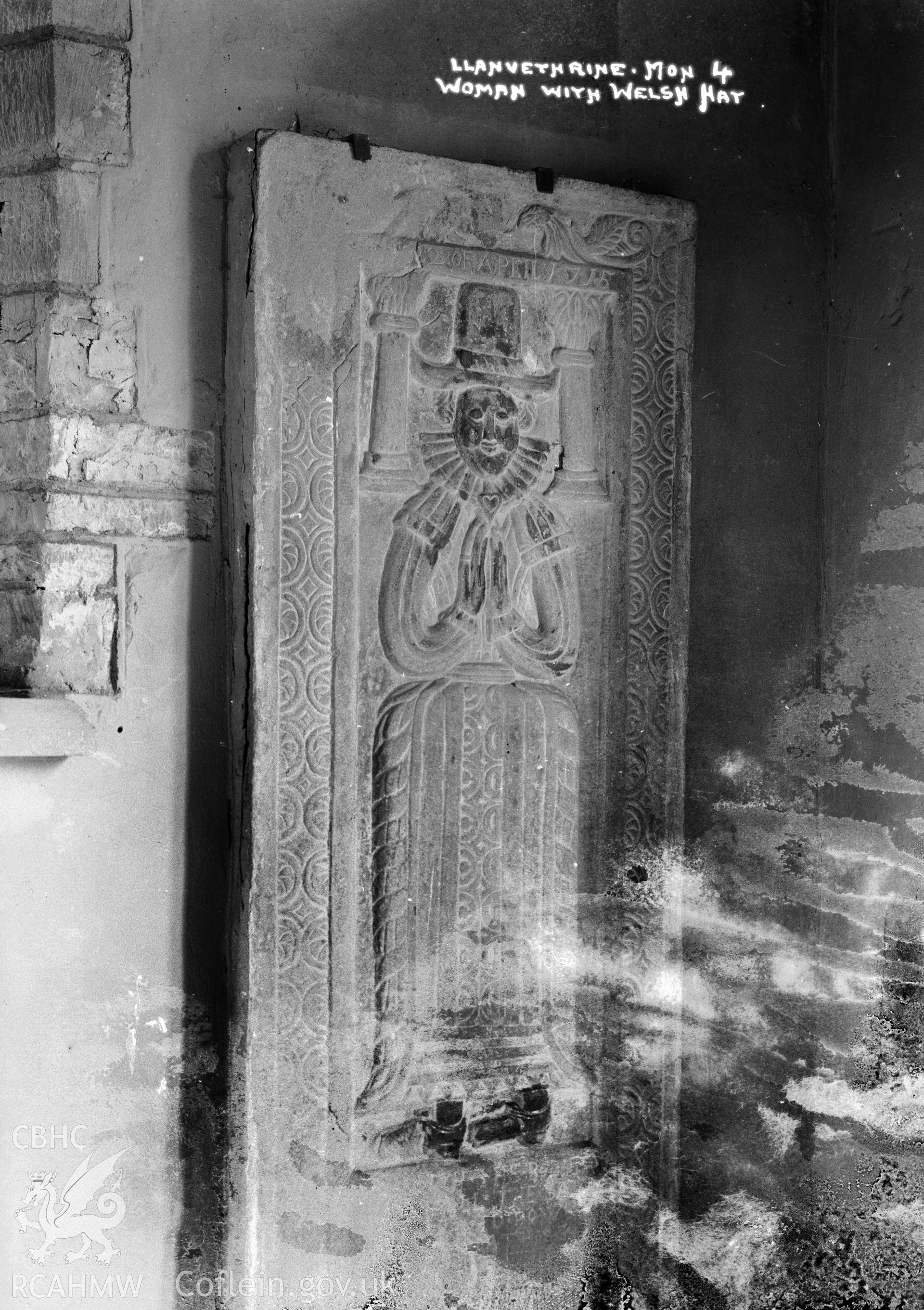 Photo showing inscribed slab at Llanvetherine Church, featuring a female figure.