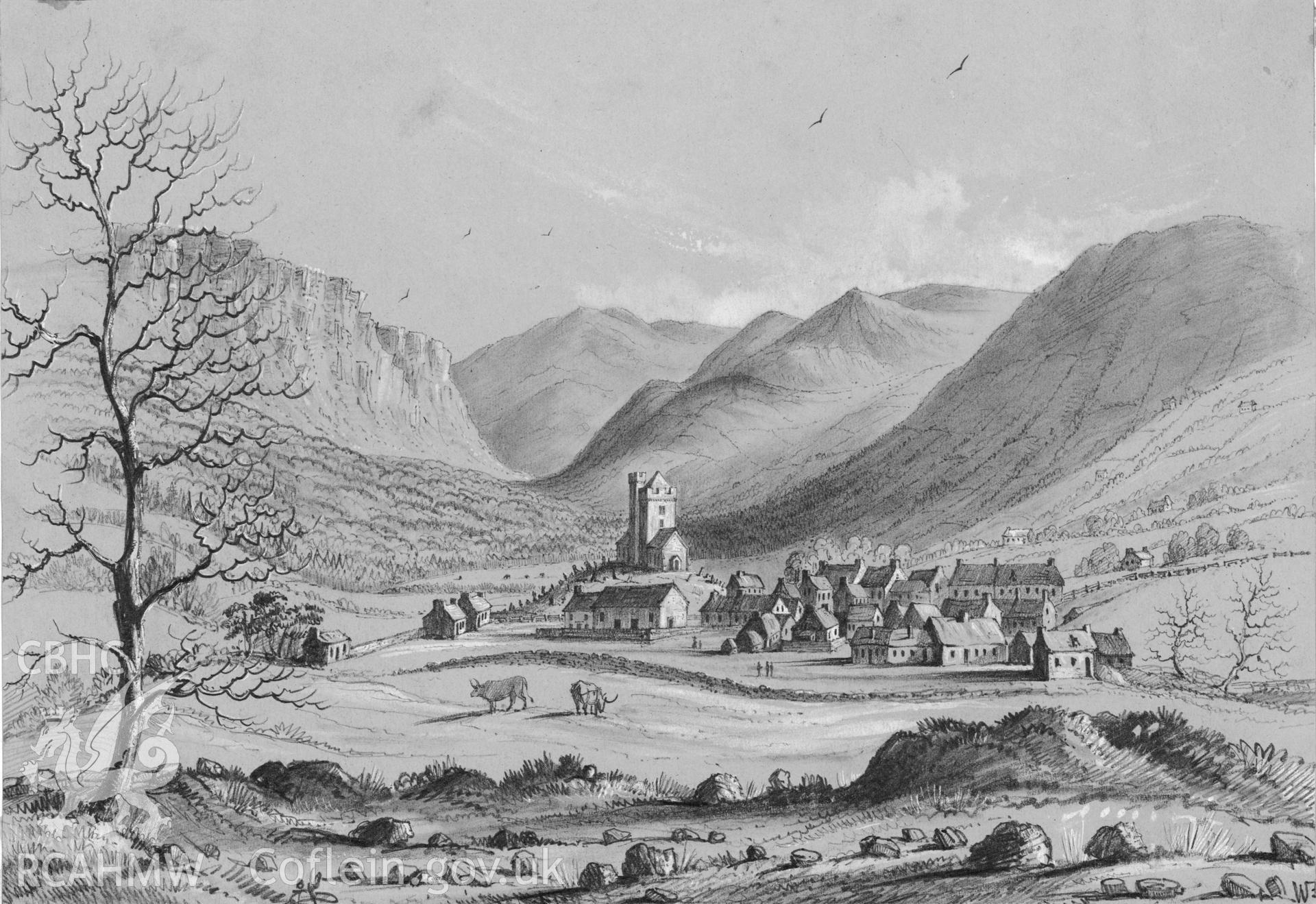 Digital copy of a pencil drawing showing view of Llanddewi Brefi, anon. c1850.