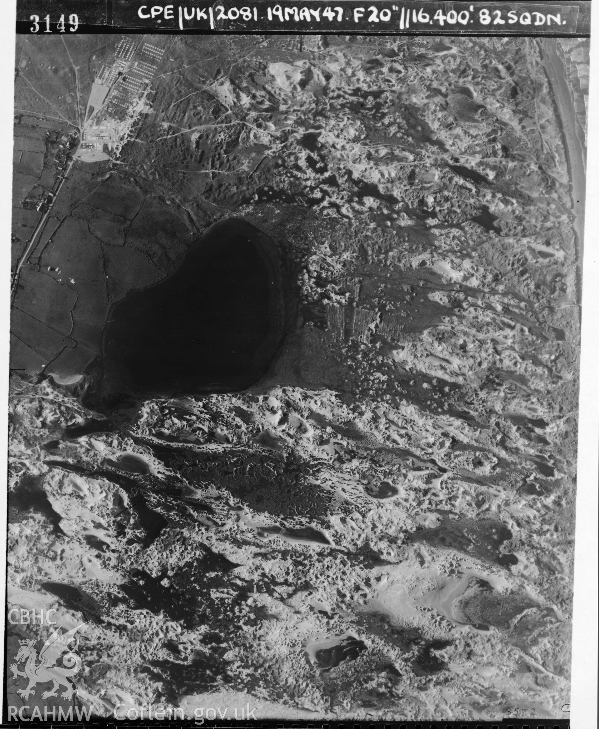 Black and white vertical aerial photograph taken by the RAF on 19/05/1947 centred on SS78238115 at a scale of 1:10000. The photograph includes part of Cynffig community in Bridgend.