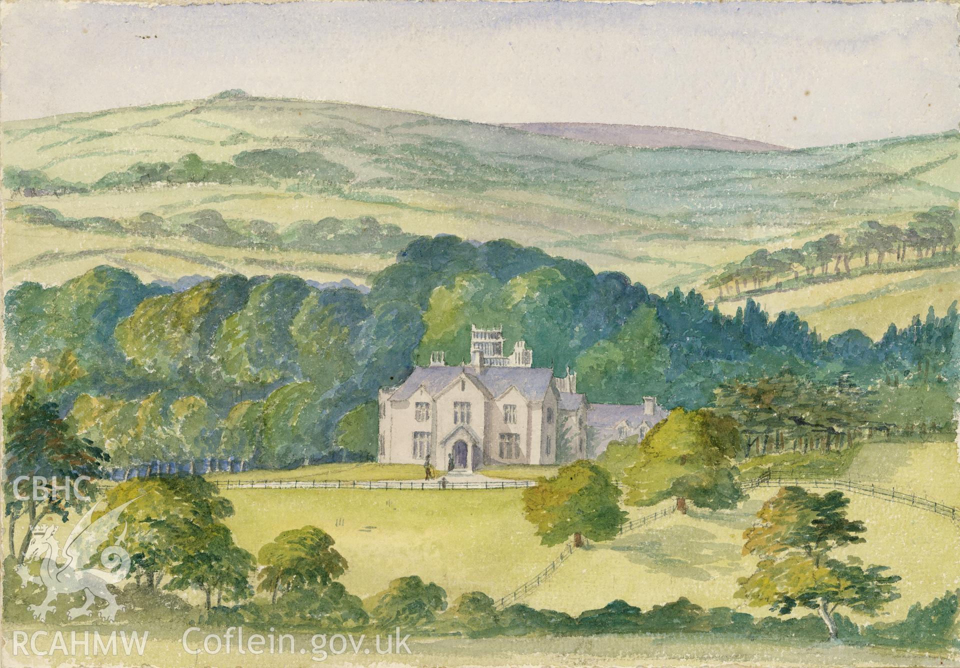 Digital copy of a watercolour painting showing Tonn House, Llandovery, anon. c1870.