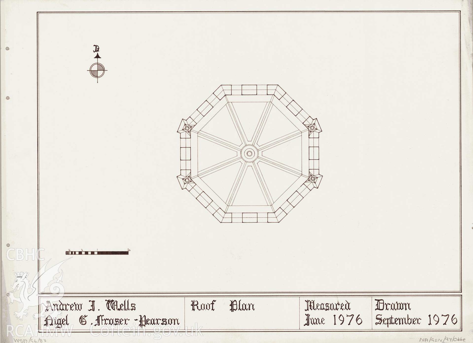 Measured drawing showing roof plan of the summerhouse in the grounds of Rookwood Hospital, Llandaff, produced by Nigel G. Fraser-Pearson and Andrew J. Wells, September 1976.