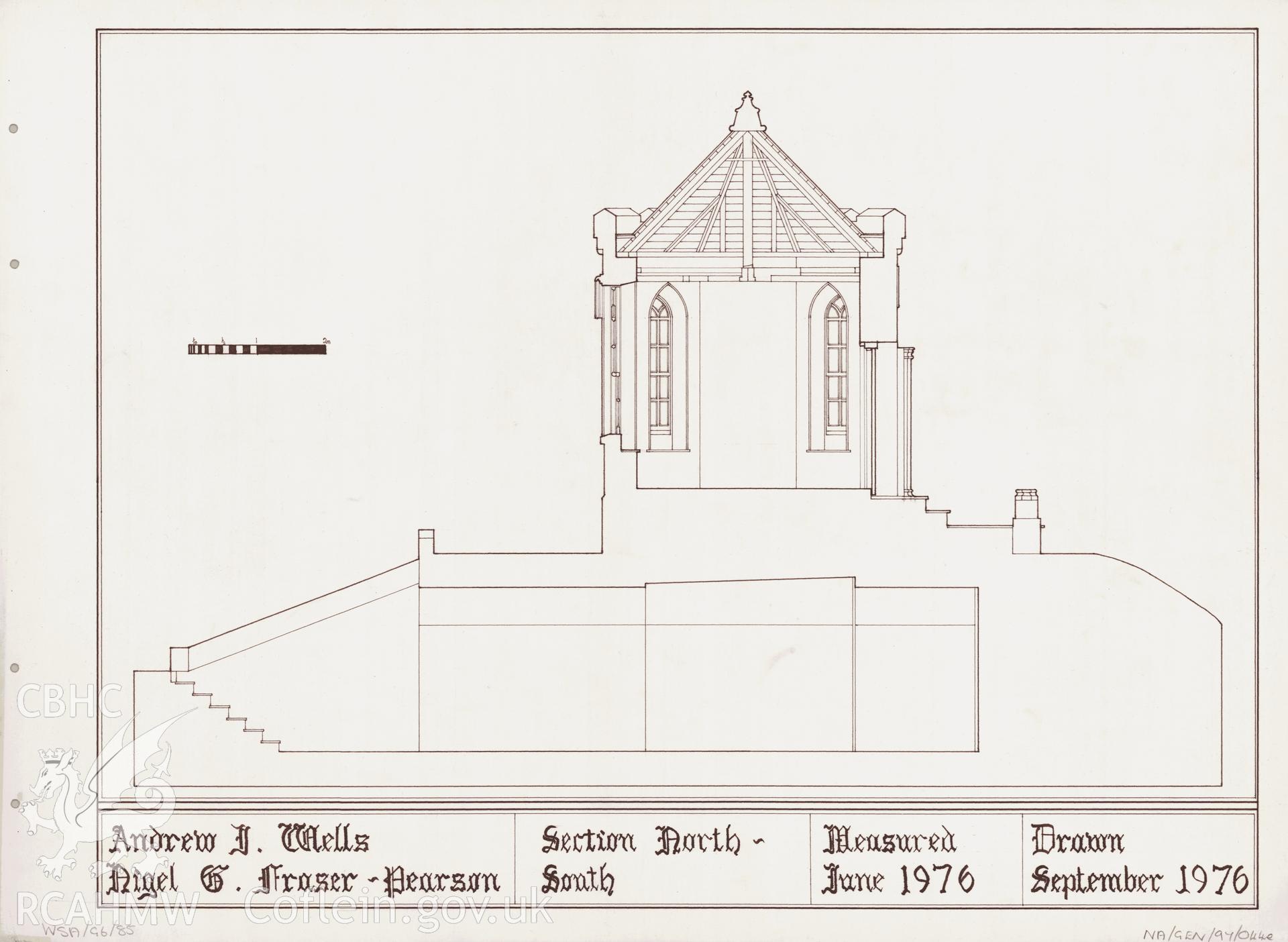 Measured drawing showing north-south section of the summerhouse in the grounds of Rookwood Hospital, Llandaff, produced by Nigel G. Fraser-Pearson and Andrew J. Wells, September 1976.