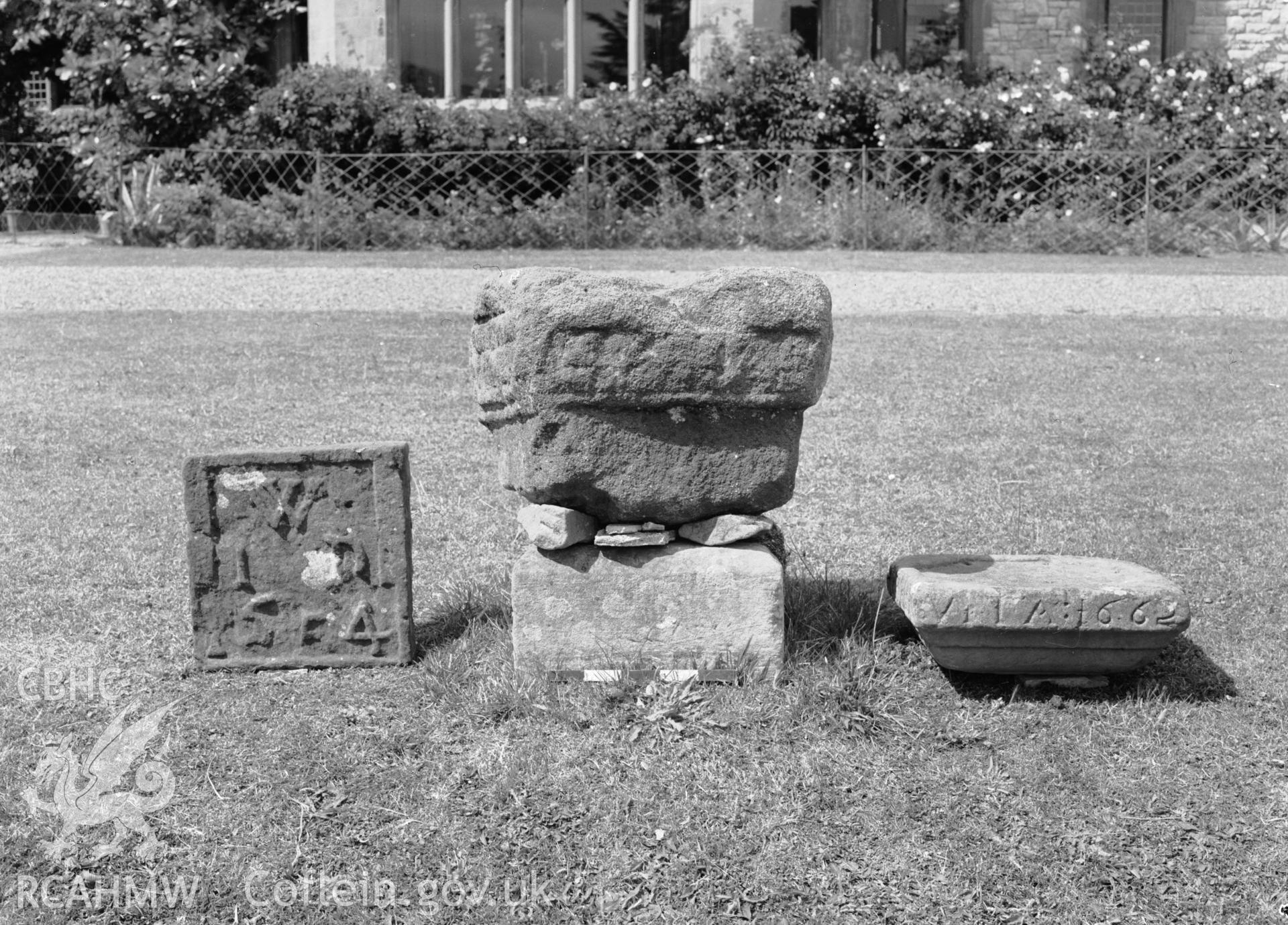 View of stone carved items from Caerhun Hall, Caerhun taken in 15.07.1950.