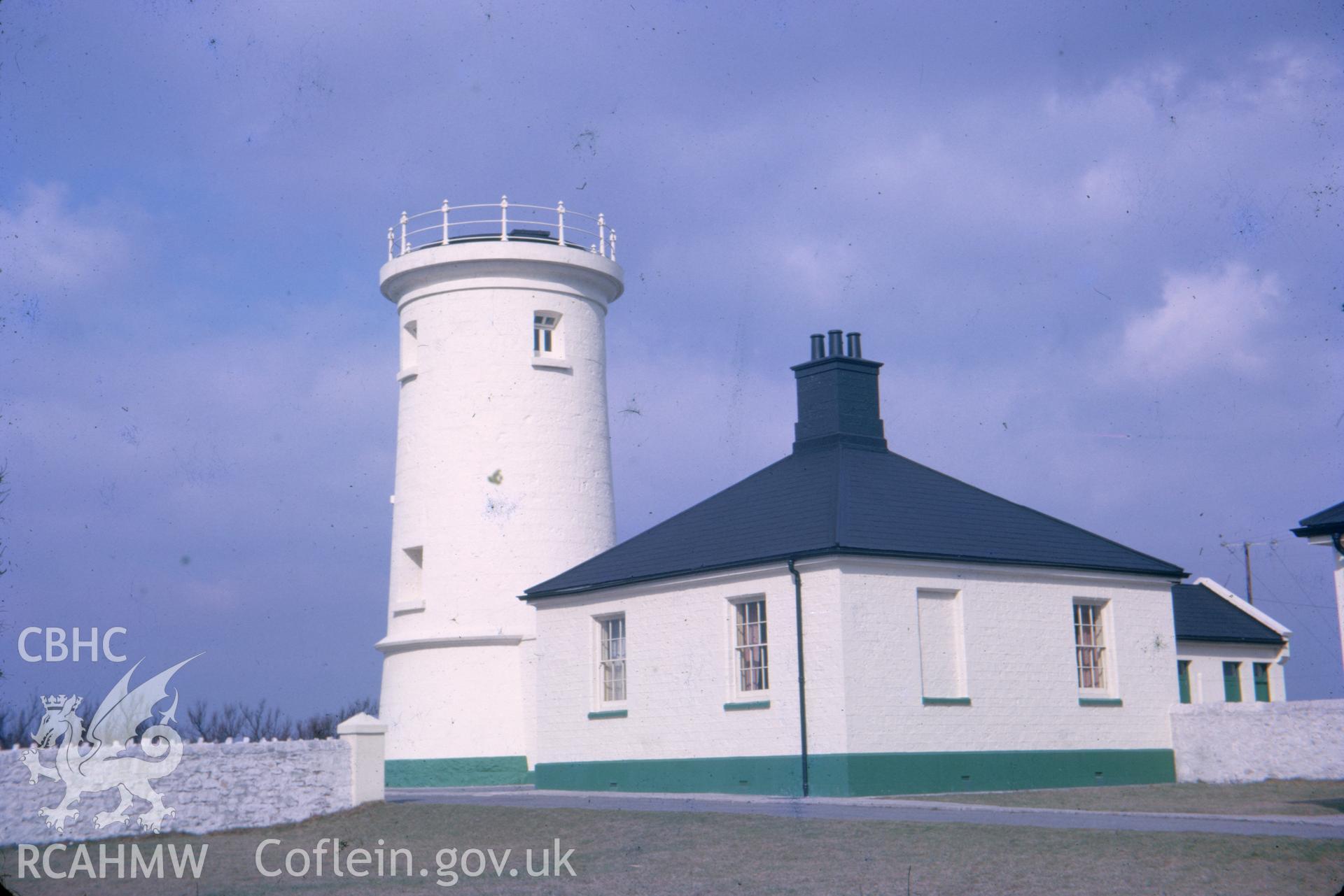 Colour slide showing general view of Nash Lighthouse, West Tower.