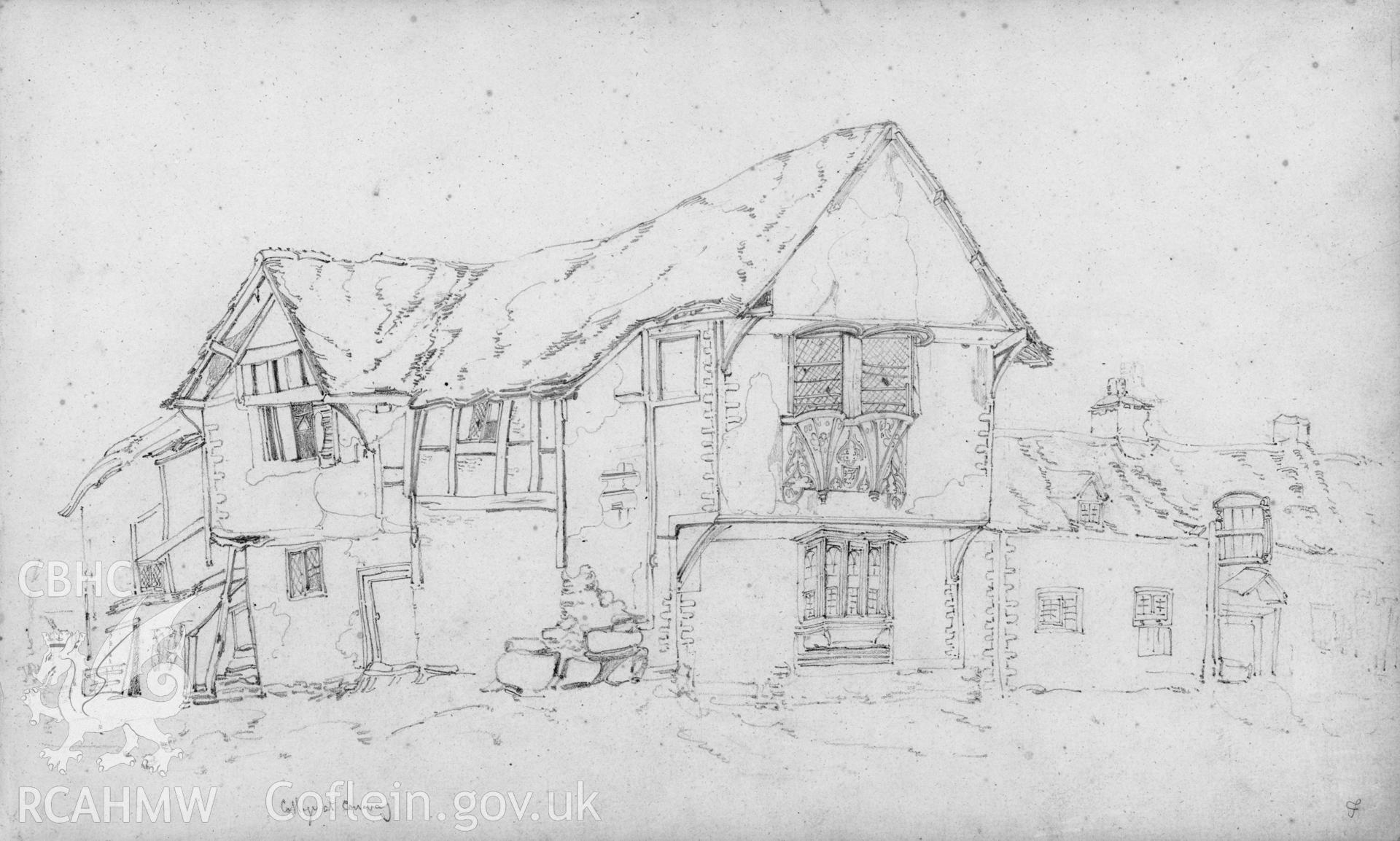 Digital copy of a pencil drawing showing  view of The College, Conwy, anon, c1820.