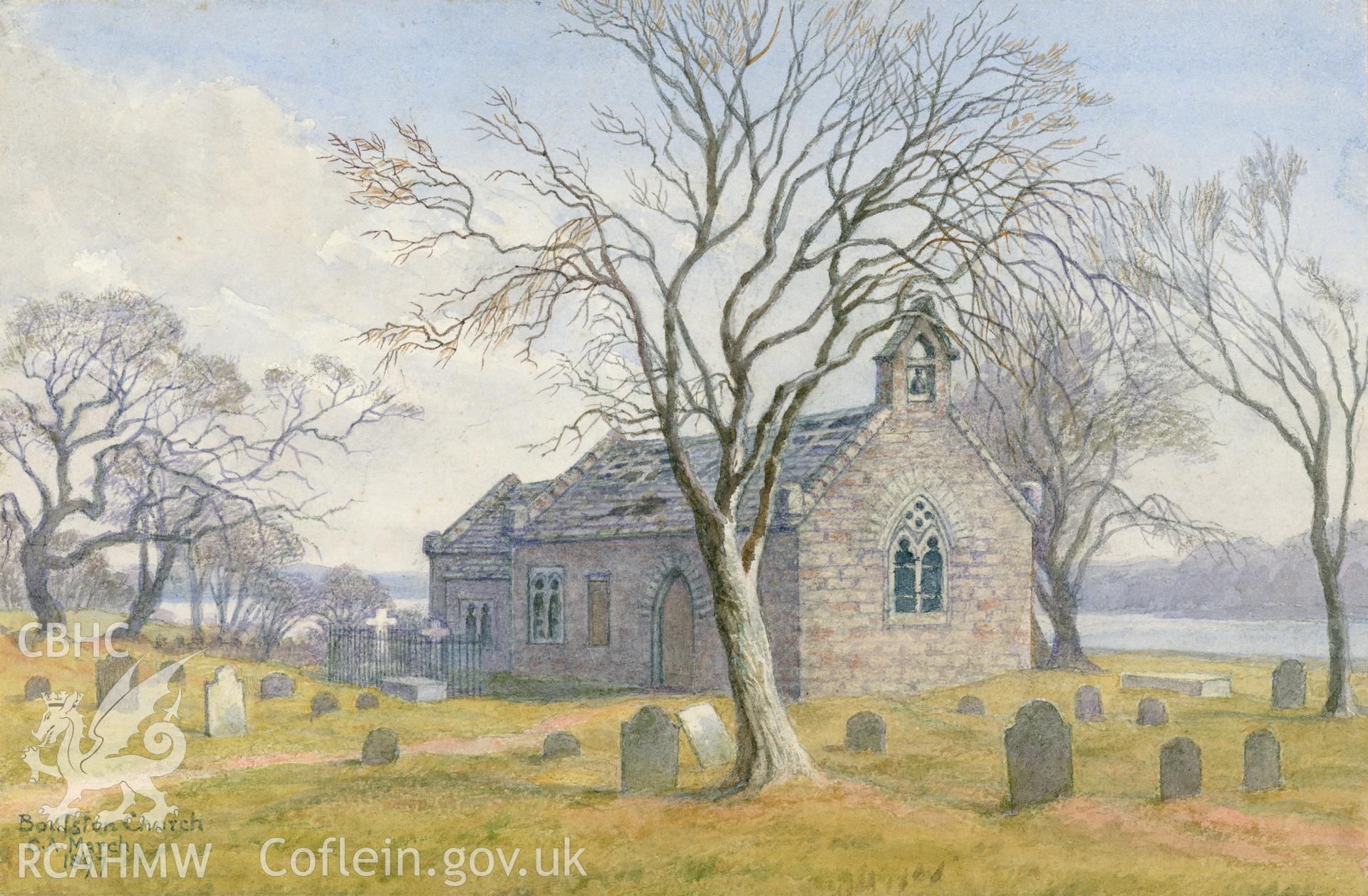 Digital copy of a watercolour showing Boulston Church before restoration, painted by Lady Catherine Allen, 1897.