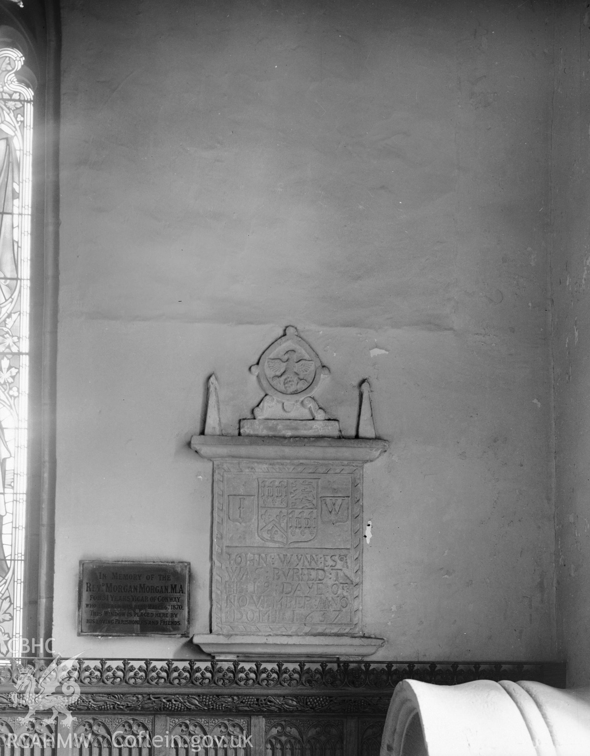 Interior of St Marys Church Conwy showing memorial, taken in 10.09.1951.