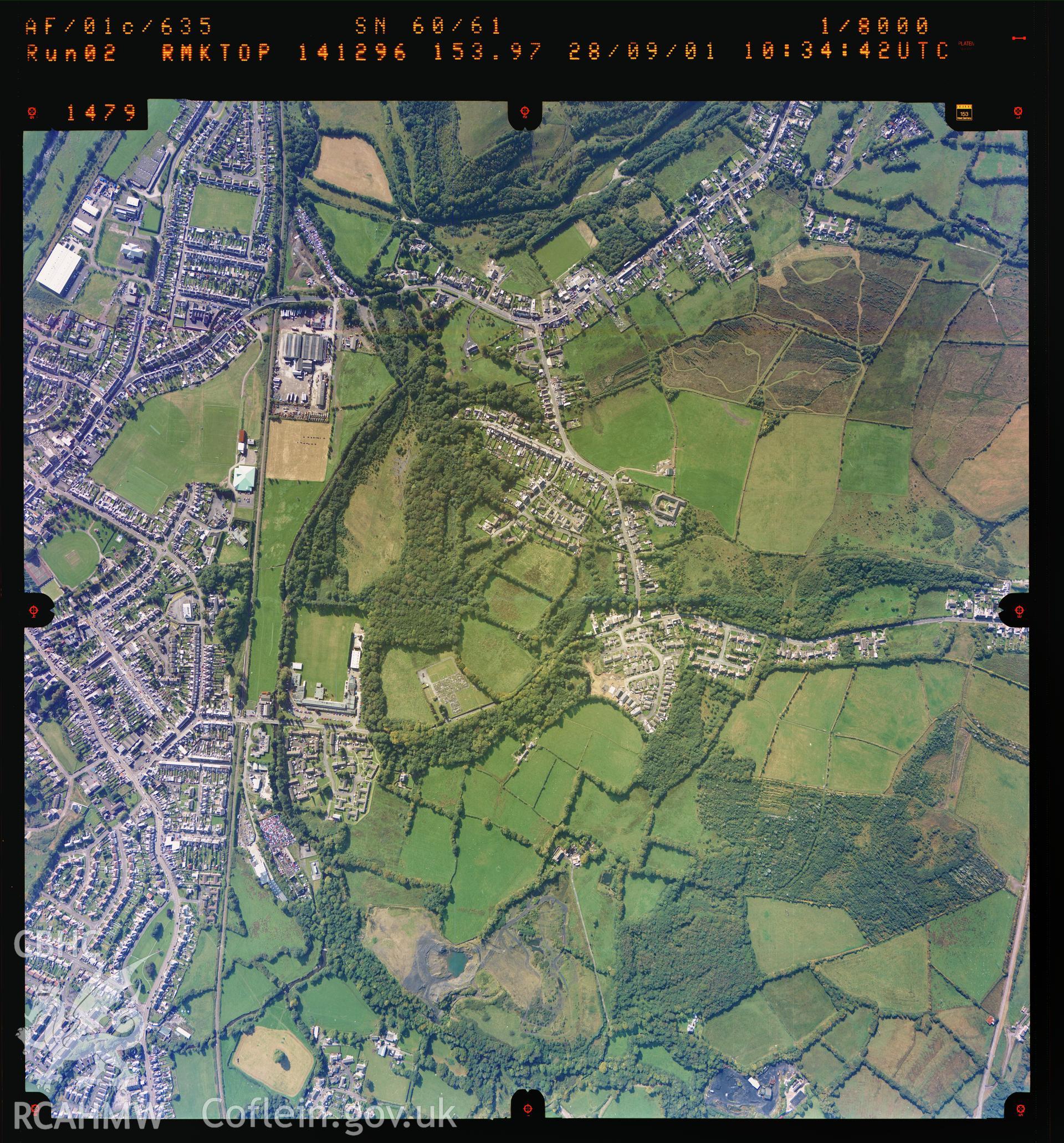 Digitized copy of an aerial photograph showing the Ammanford area, taken by Ordnance Survey, 2001.