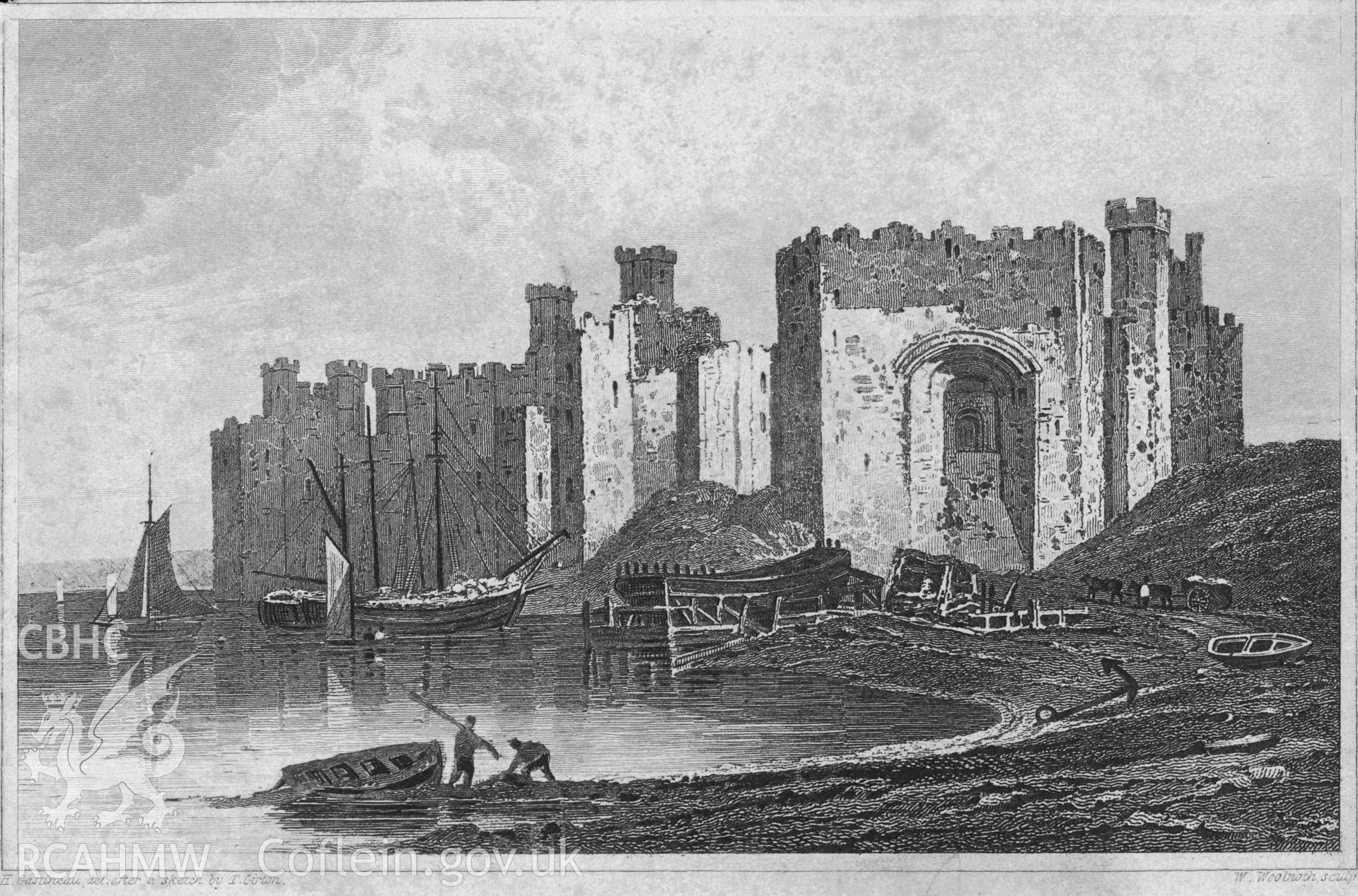 Caernarfon Castle; undated engraving showing the undeveloped quay in the shadow of Caernarfon Castle (now a car park). with sailing craft some hauled out..