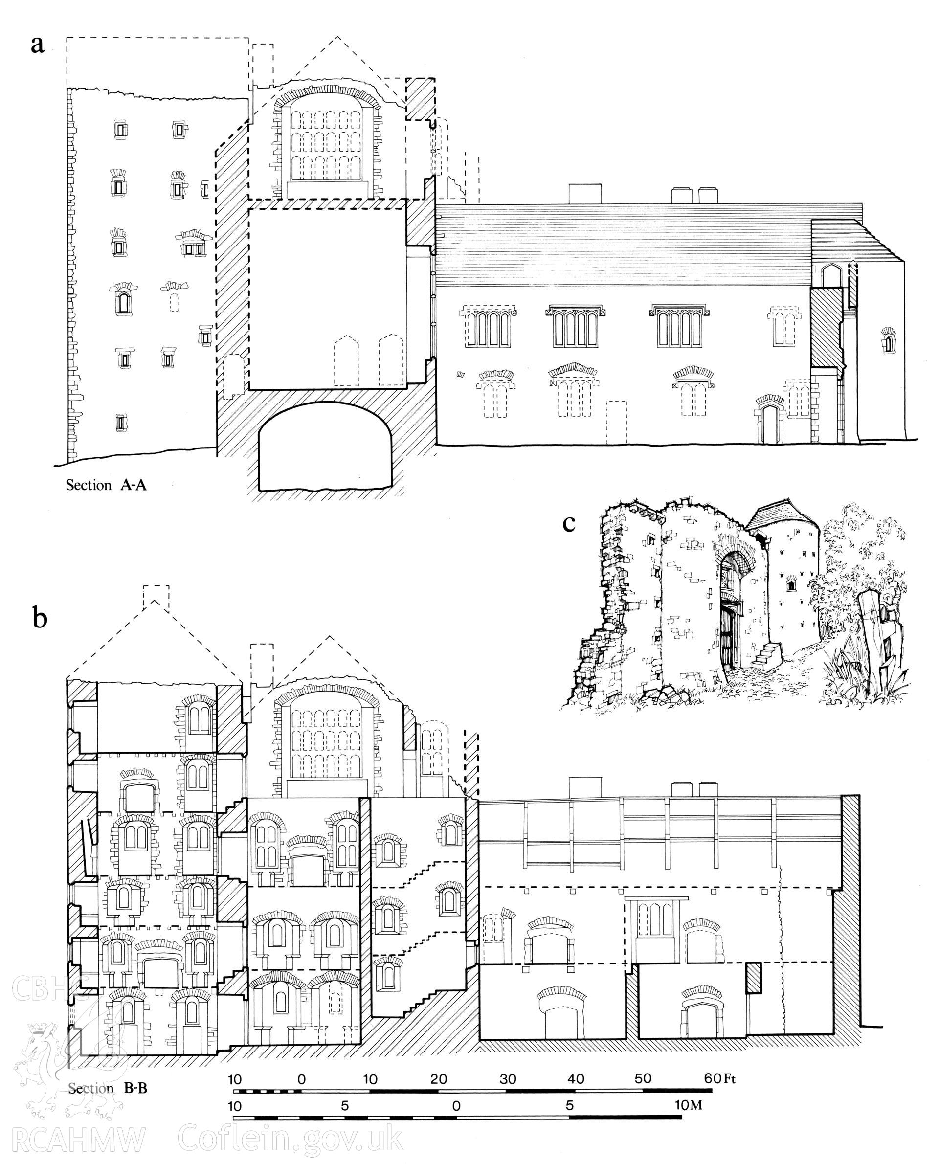 RCAHMW drawing showing section view of Oxwich Castle, Glamorgan, published in Glamorgan IV, fig 11.