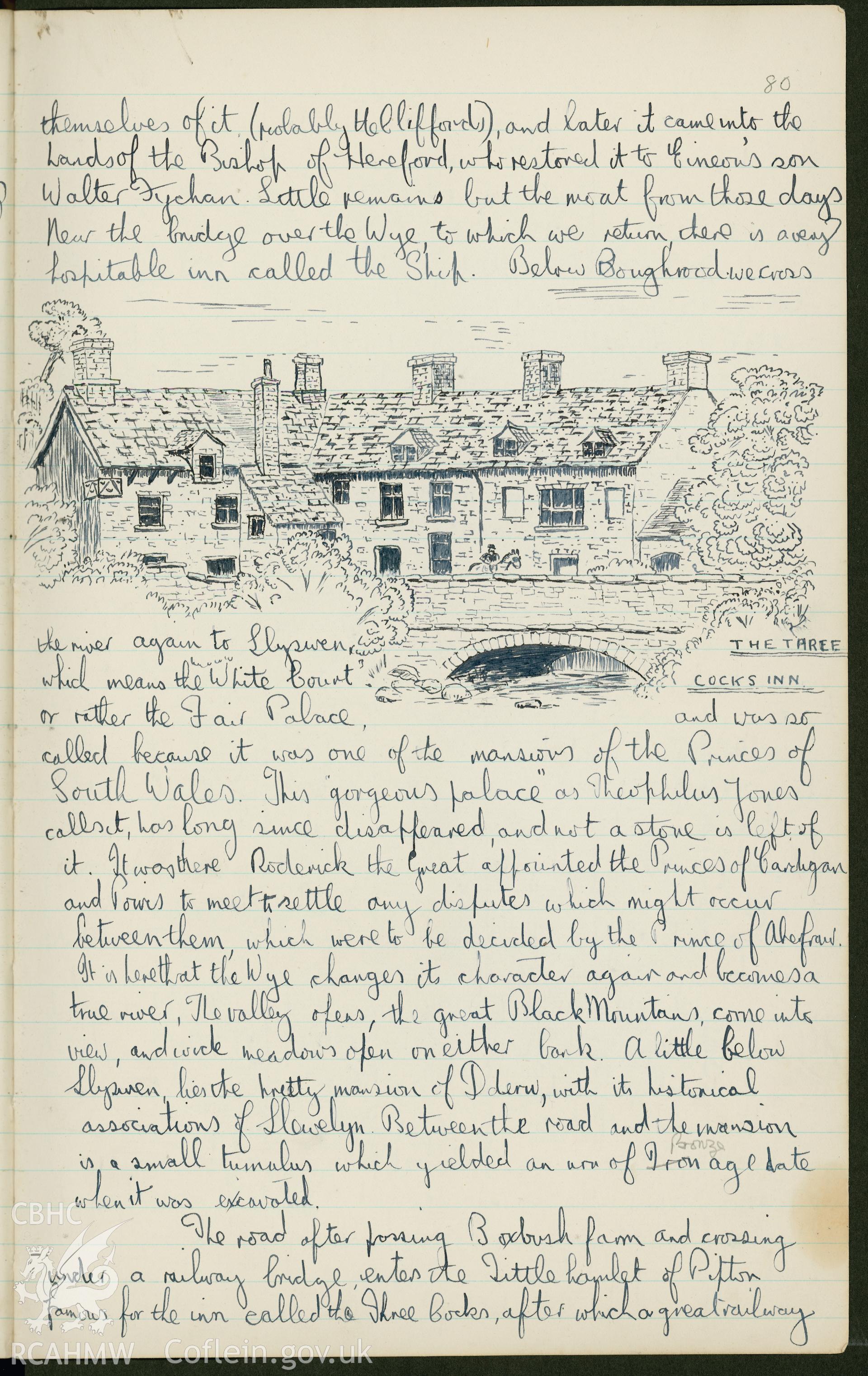 Page from a notebook featuring an illustration by R.E. Kay showing The Three Cocks Inn, As featured on p80 of R.E. Kay Notebook Series I, Vol I.