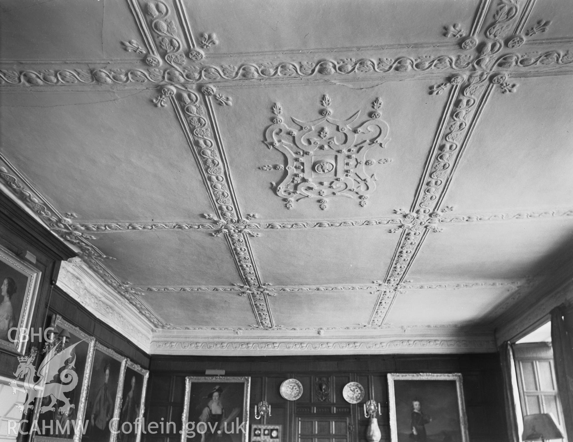 Interior view showing ornate plasterwork in the drawing room at Mostyn Hall, taken  May 1942.